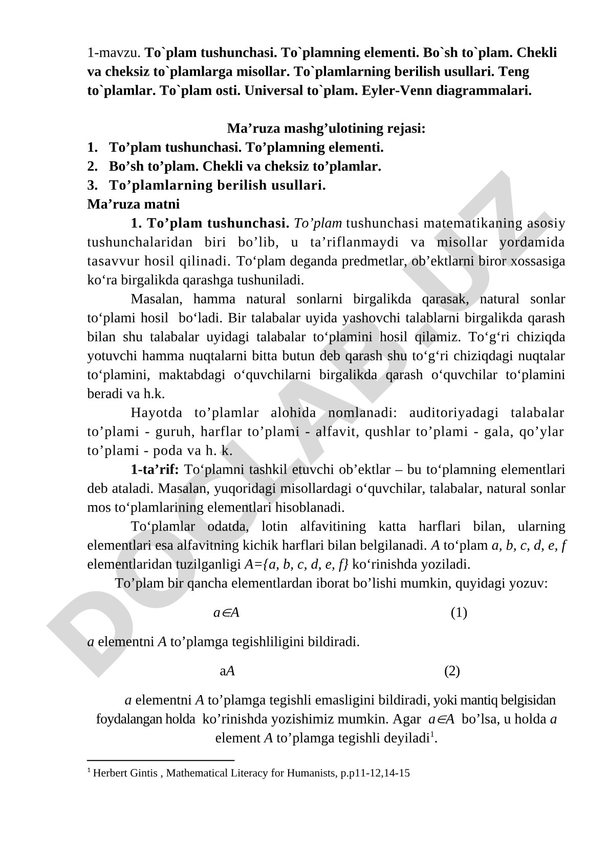 To'plam tushunchasi, elementlari, berilish usullari va Eyler-Venn diagrammalari