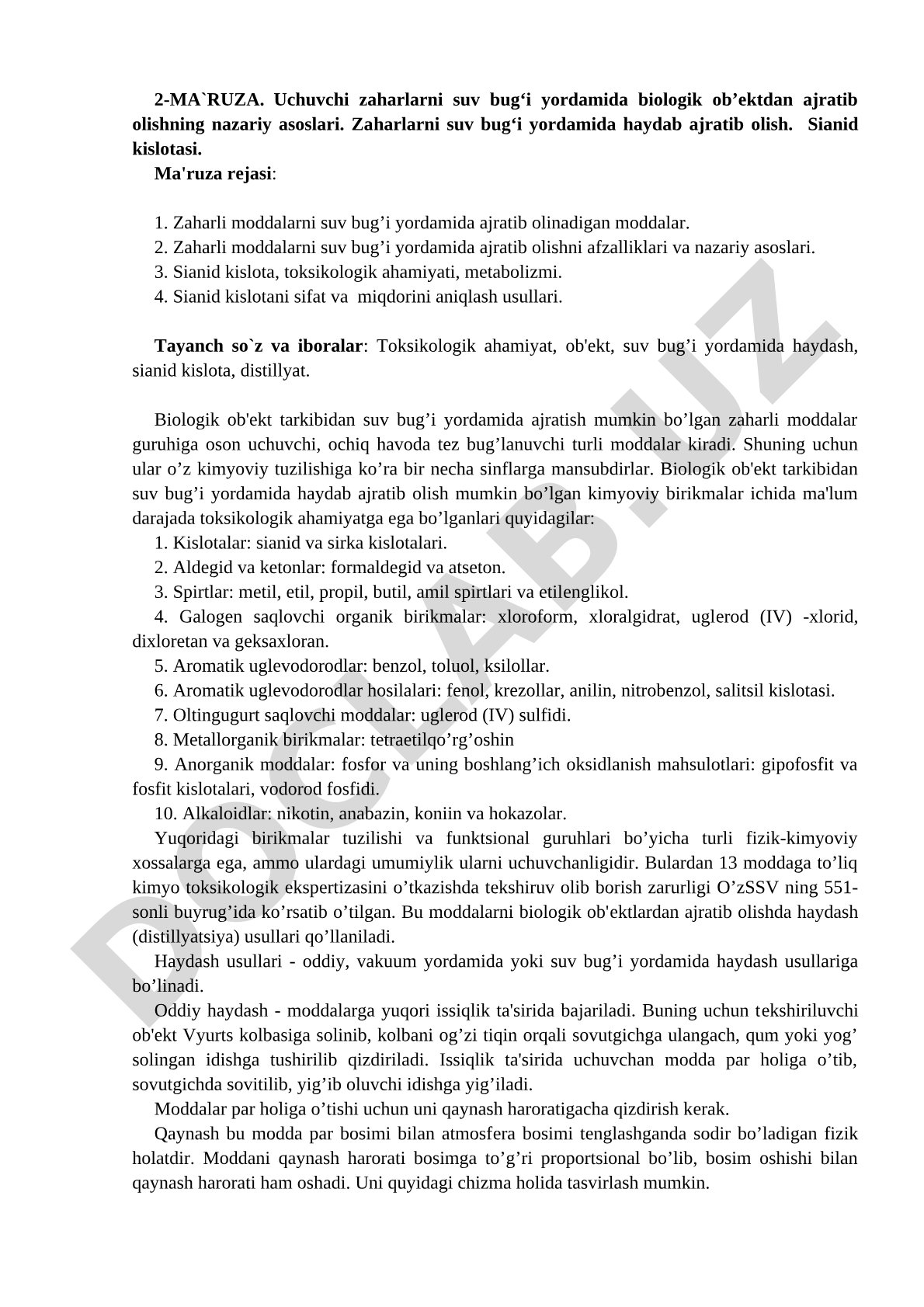 Uchuvchi zaharlarni suv bug‘i yordamida biologik ob’ektdan ajratib olishning nazariy asoslari
