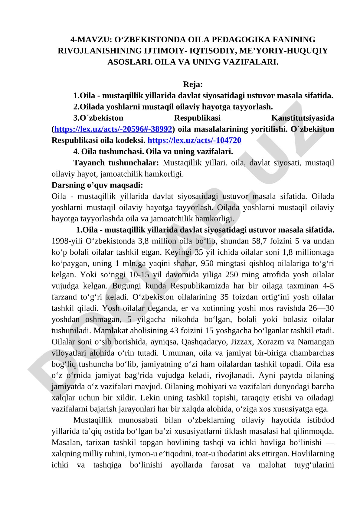 O‘zbekistonda oila pedagogika fanining rivojlanishining ijtimoiy-iqtisodiy, me’yoriy-huquqiy asoslari