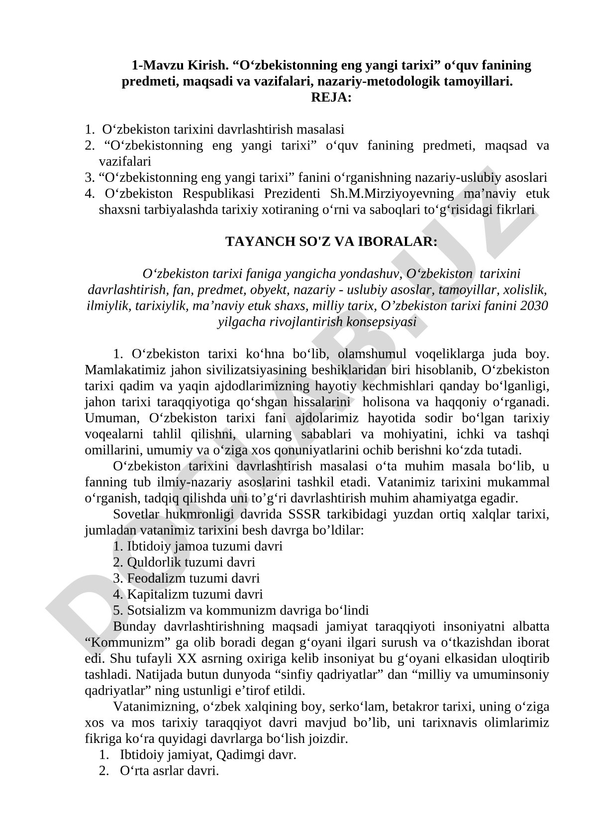 O‘zbekistonning eng yangi tarixi o‘quv fanining predmeti, maqsadi va vazifalari
