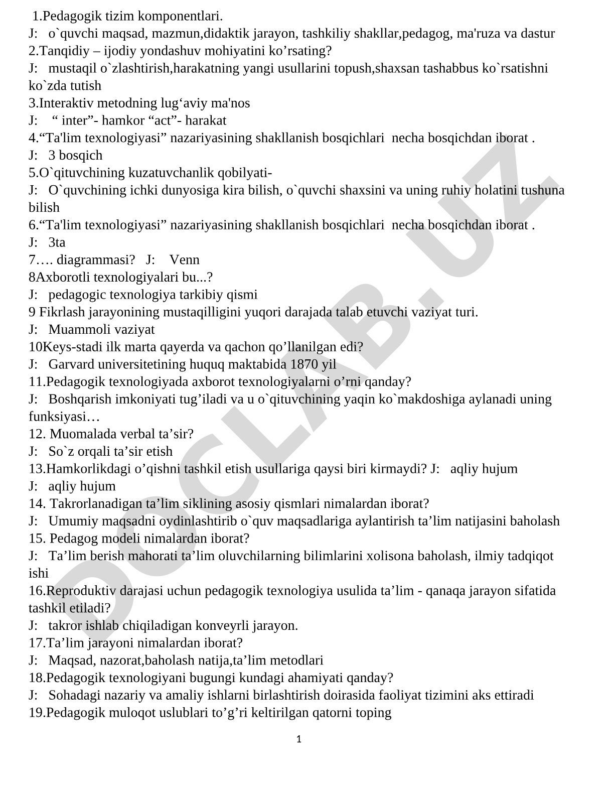 Pedagogik texnologiya va ta'lim metodlari bo'yicha savol-javoblar