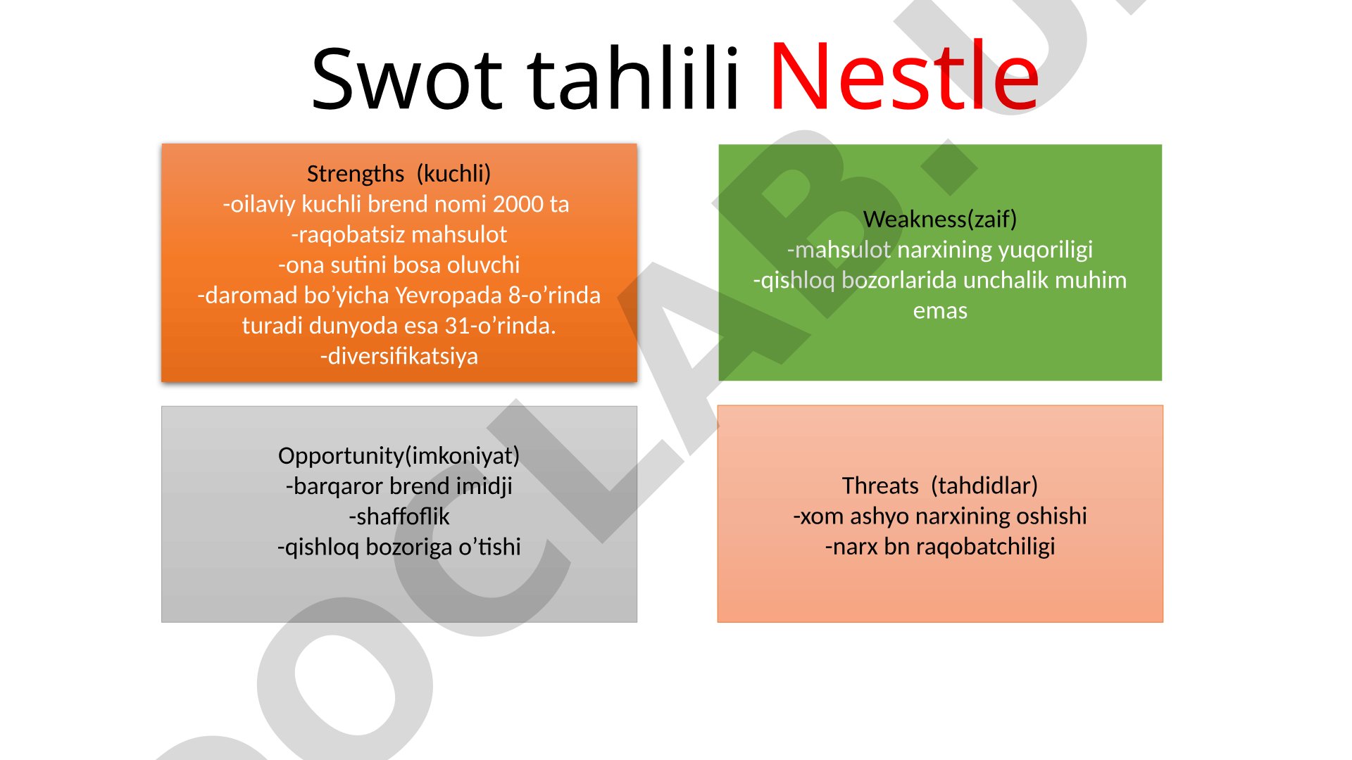 Nestle kompaniyasining SWOT tahlili: kuchli va zaif tomonlar, imkoniyatlar va tahdidlar