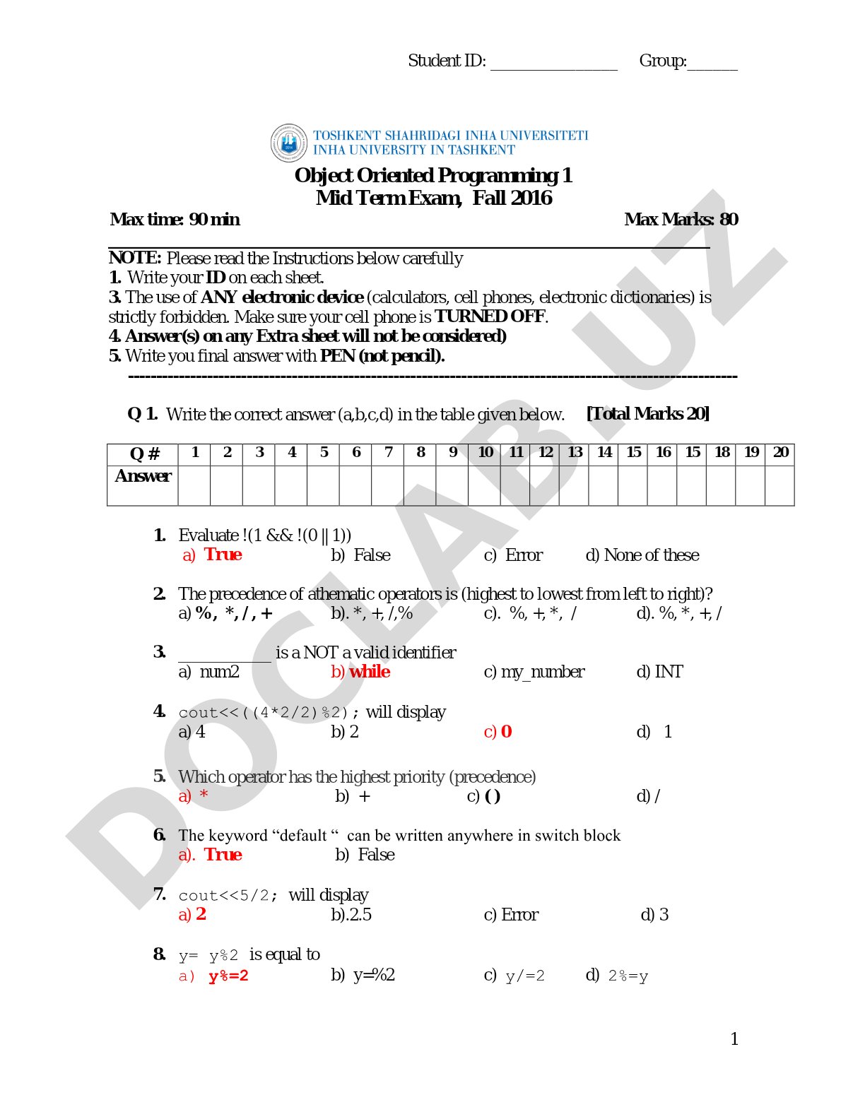 Object Oriented Programming 1 Mid Term Exam, Fall 2016