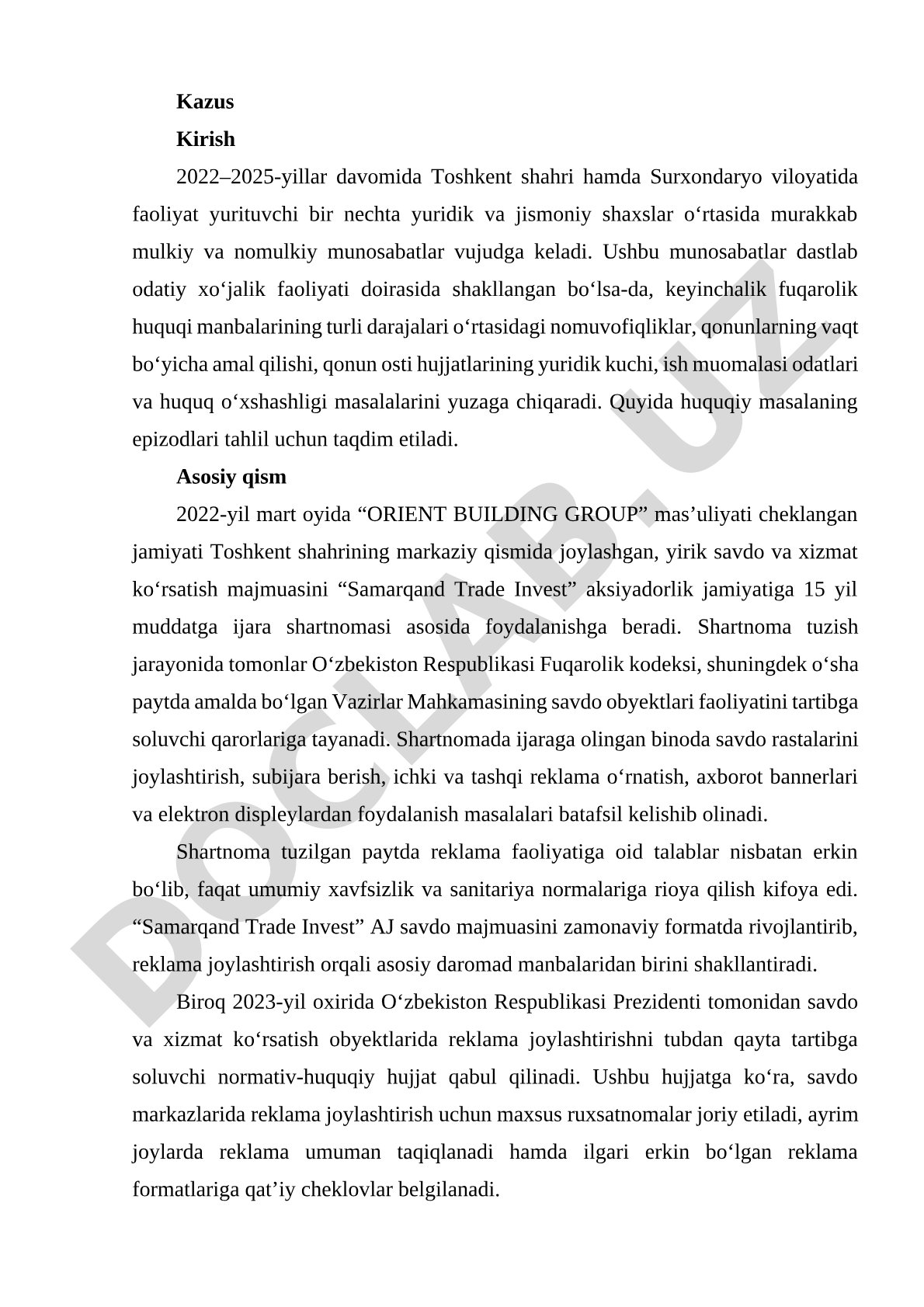 Murakkab mulkiy va nomulkiy munosabatlar kazusi