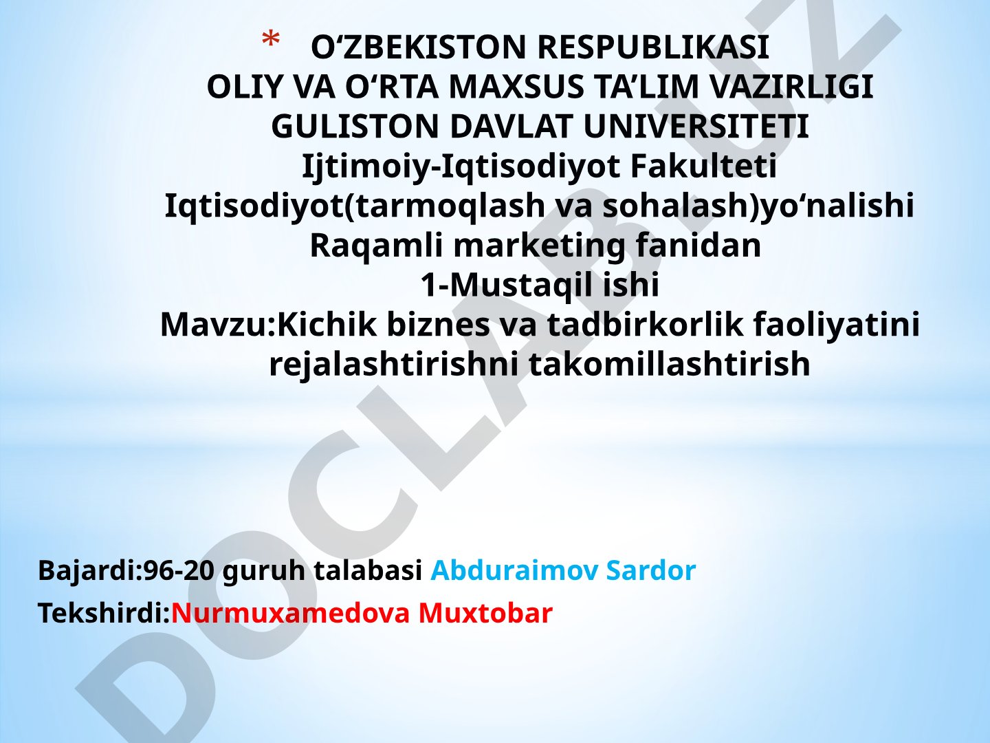 Kichik biznes va tadbirkorlik faoliyatini rejalashtirishni takomillashtirish