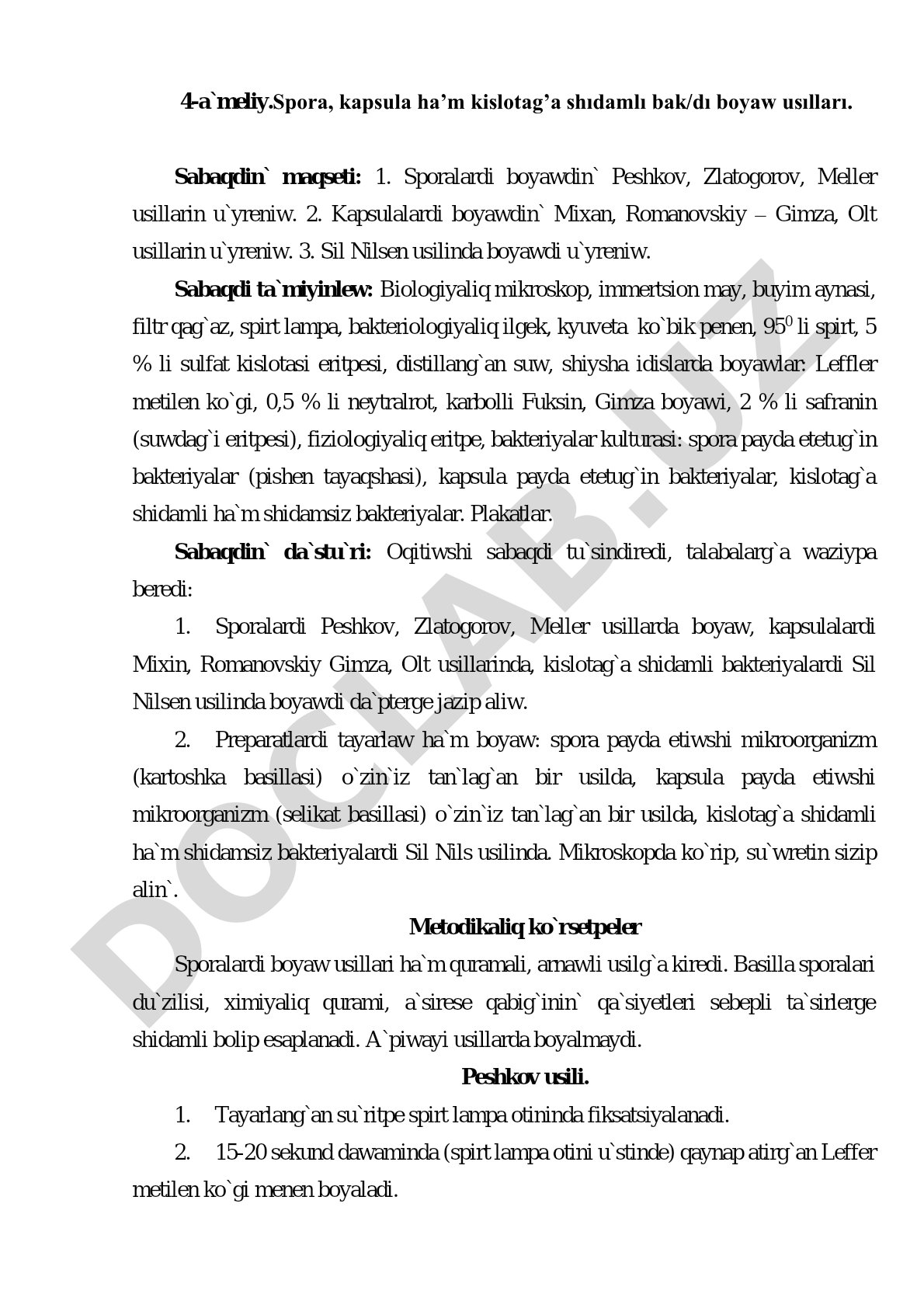 Spora, kapsula ha’m kislotag’a shıdamlı bak/dı boyaw usılları