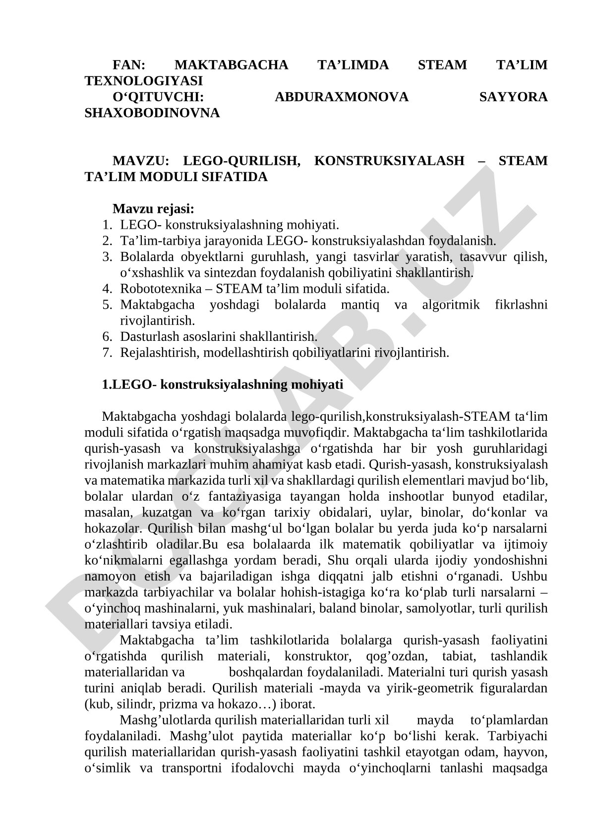 LEGO-QURILISH, KONSTRUKSIYALASH – STEAM TA’LIM MODULI SIFATIDA