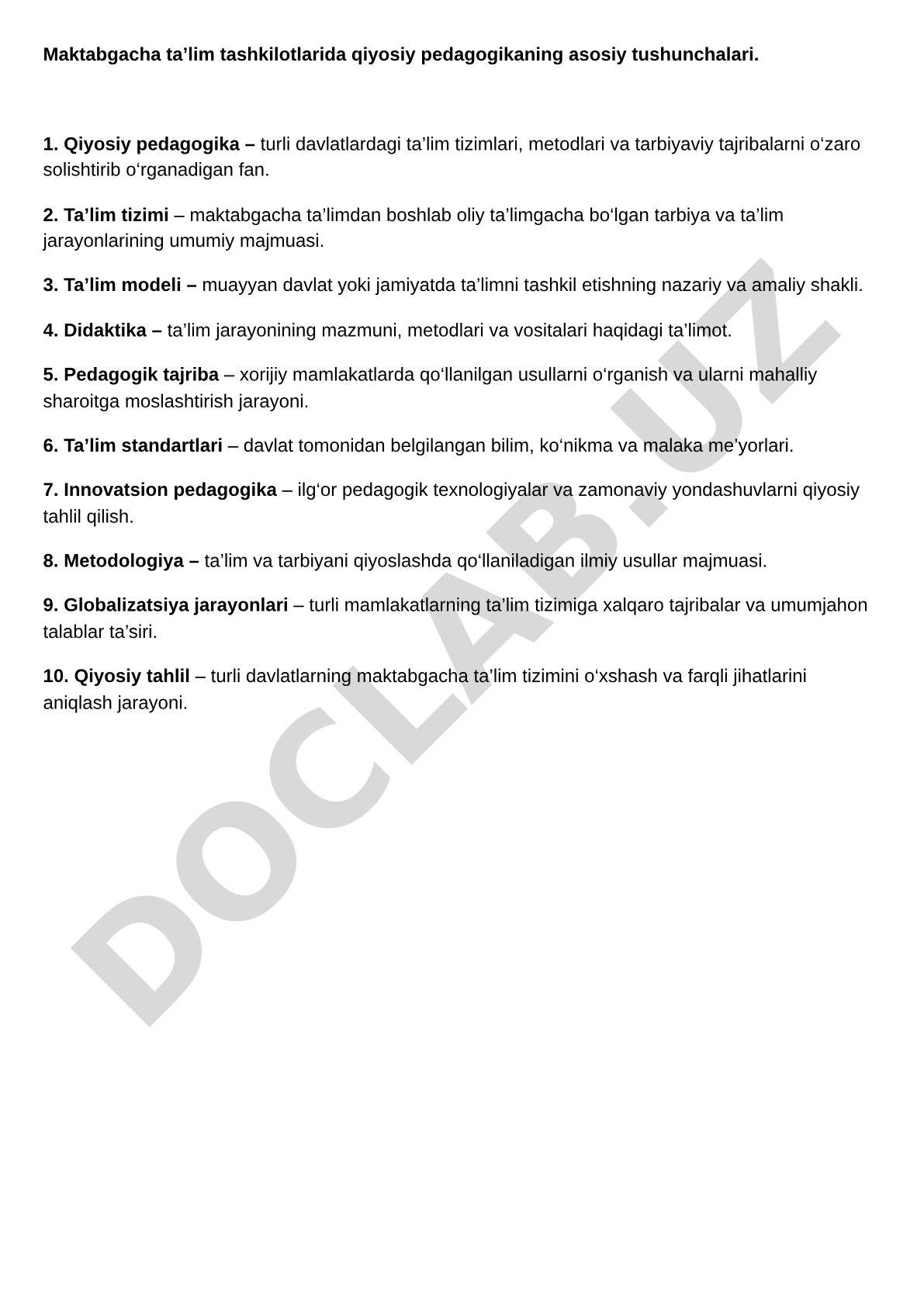 Maktabgacha ta'lim tashkilotlarida qiyosiy pedagogikaning asosiy tushunchalari