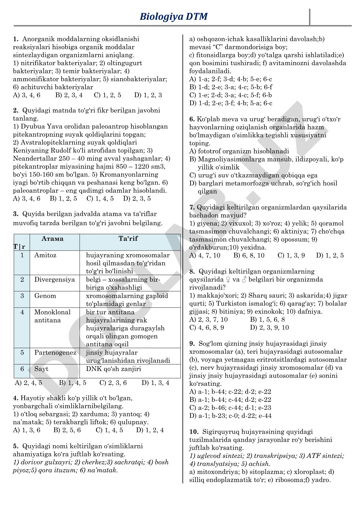 Biologiya DTM test savollari