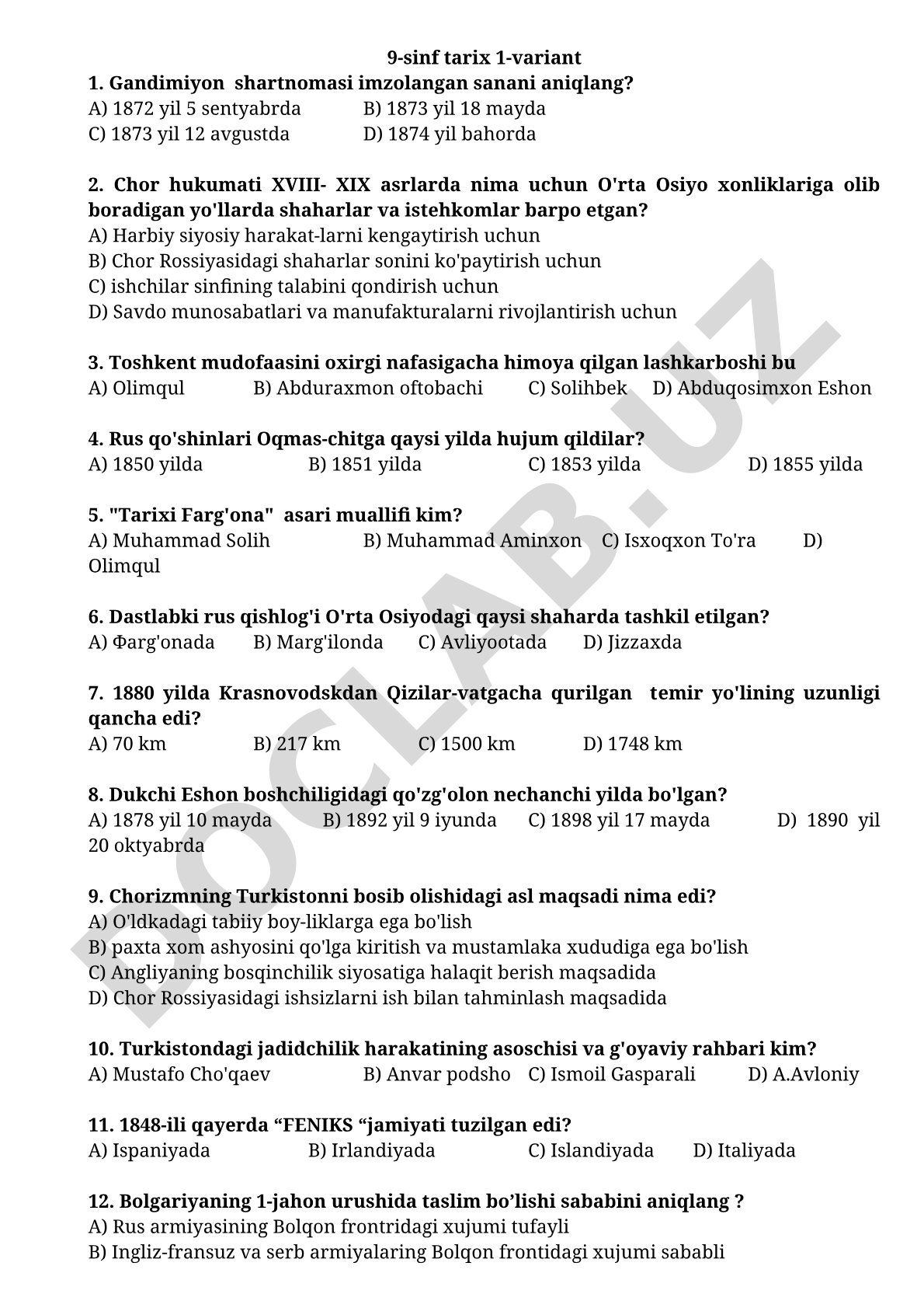 9-sinf tarix fanidan test savollari