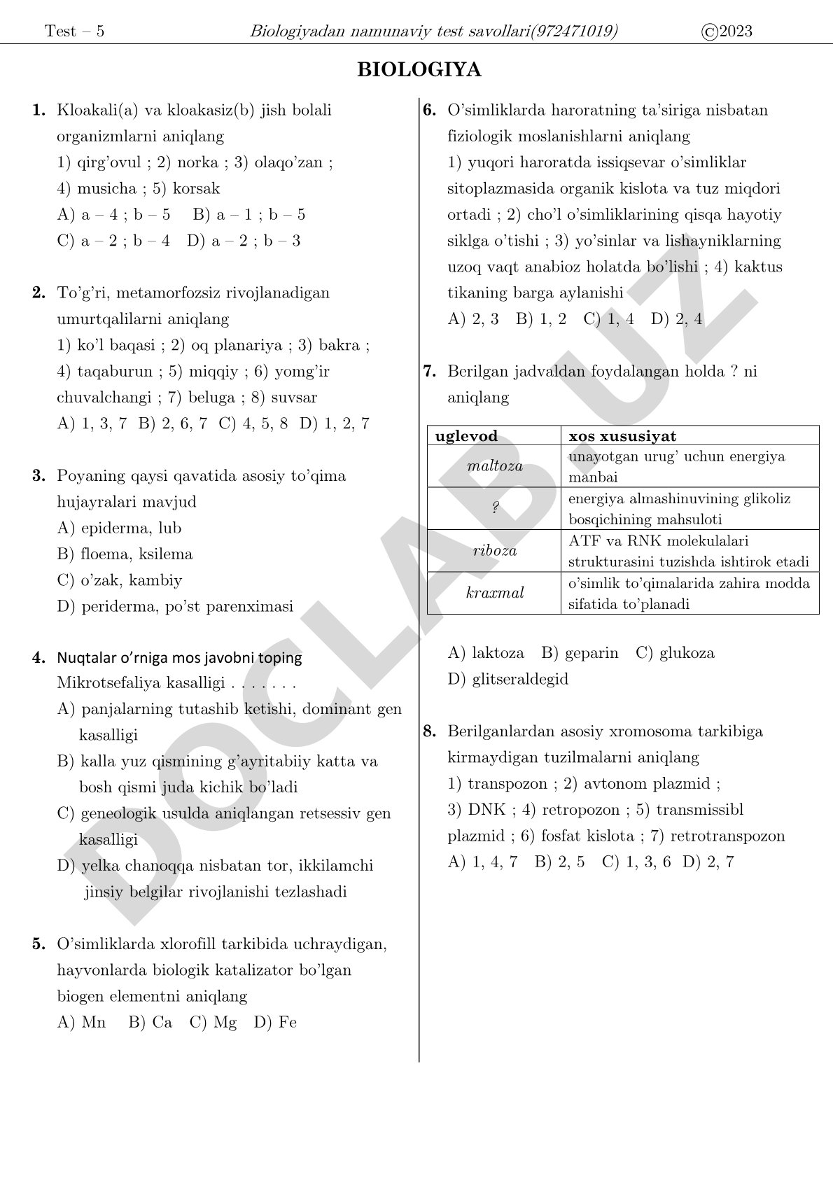 Biologiyadan namunaviy test savollari