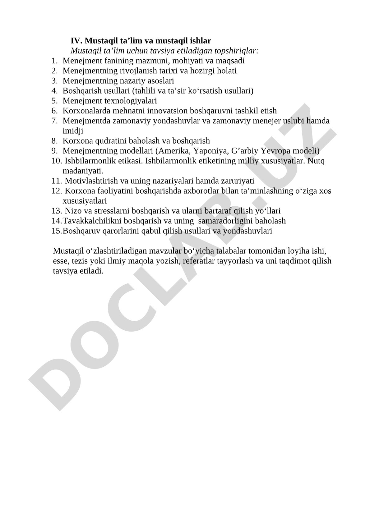 Menejment fanidan mustaqil ta'lim topshiriqlari va mavzular