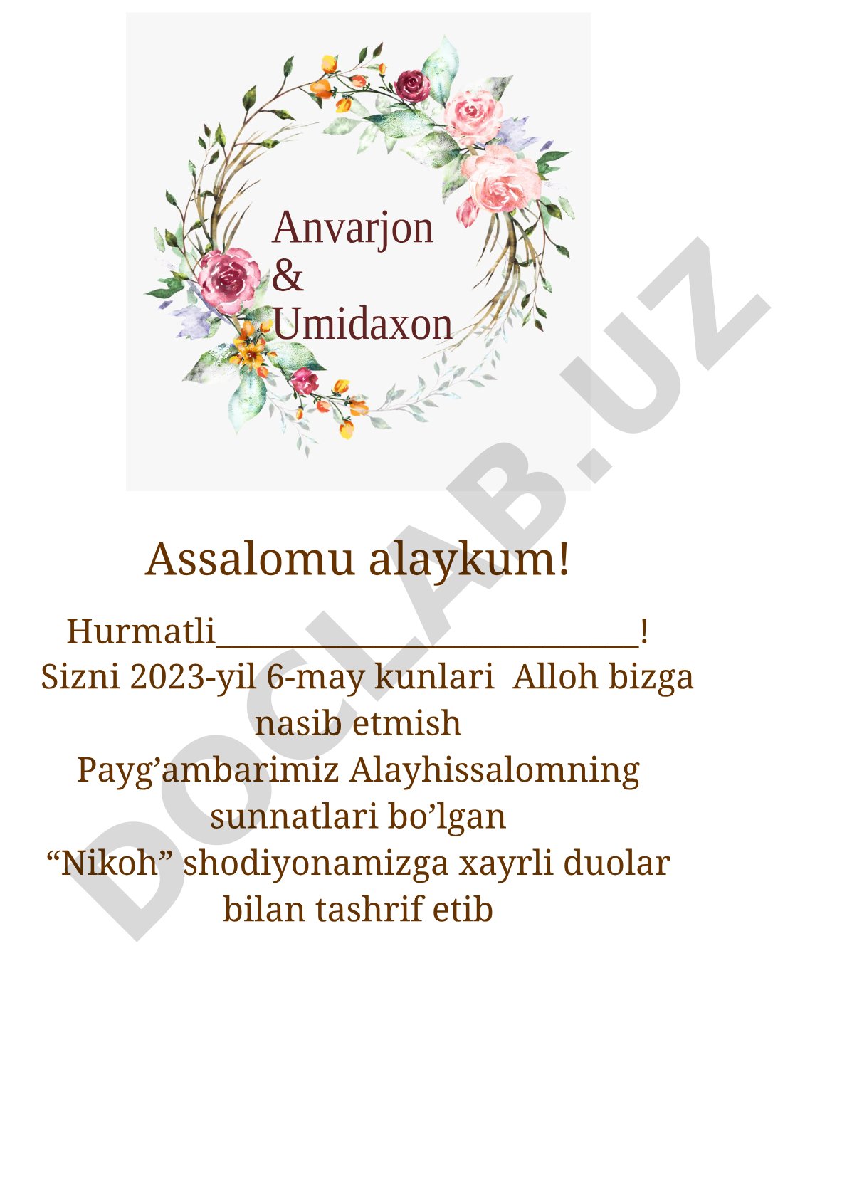 Umidaxonning nikoh to'yiga taklifnoma
