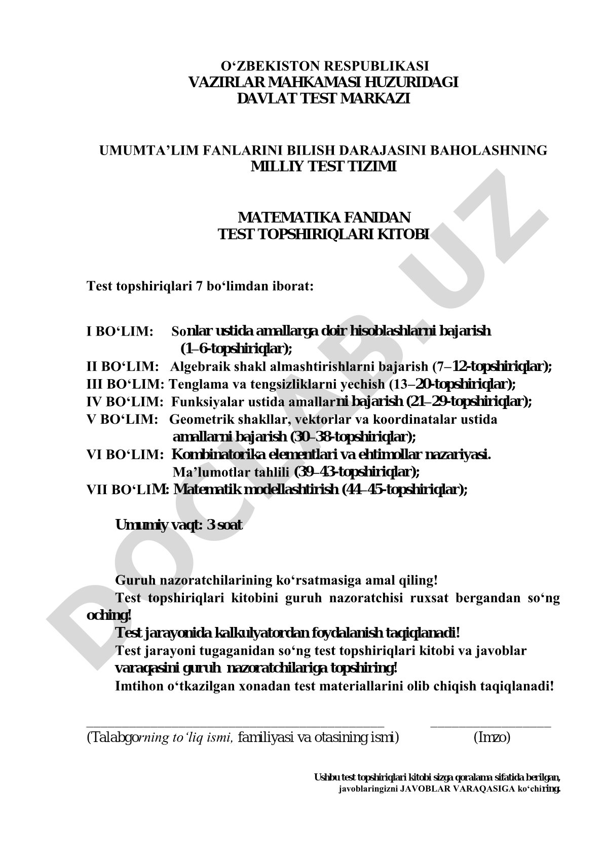 Matematika fanidan test topshiriqlari kitobi