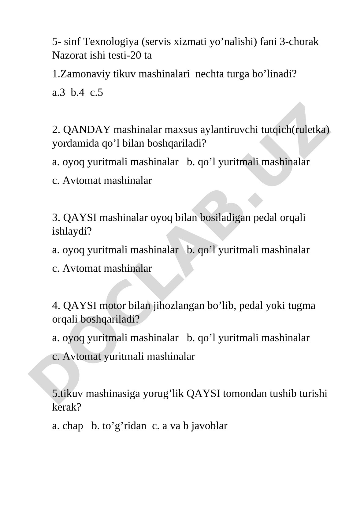 5-sinf Texnologiya (servis xizmati yo'nalishi) fani 3-chorak Nazorat ishi testi-20 ta