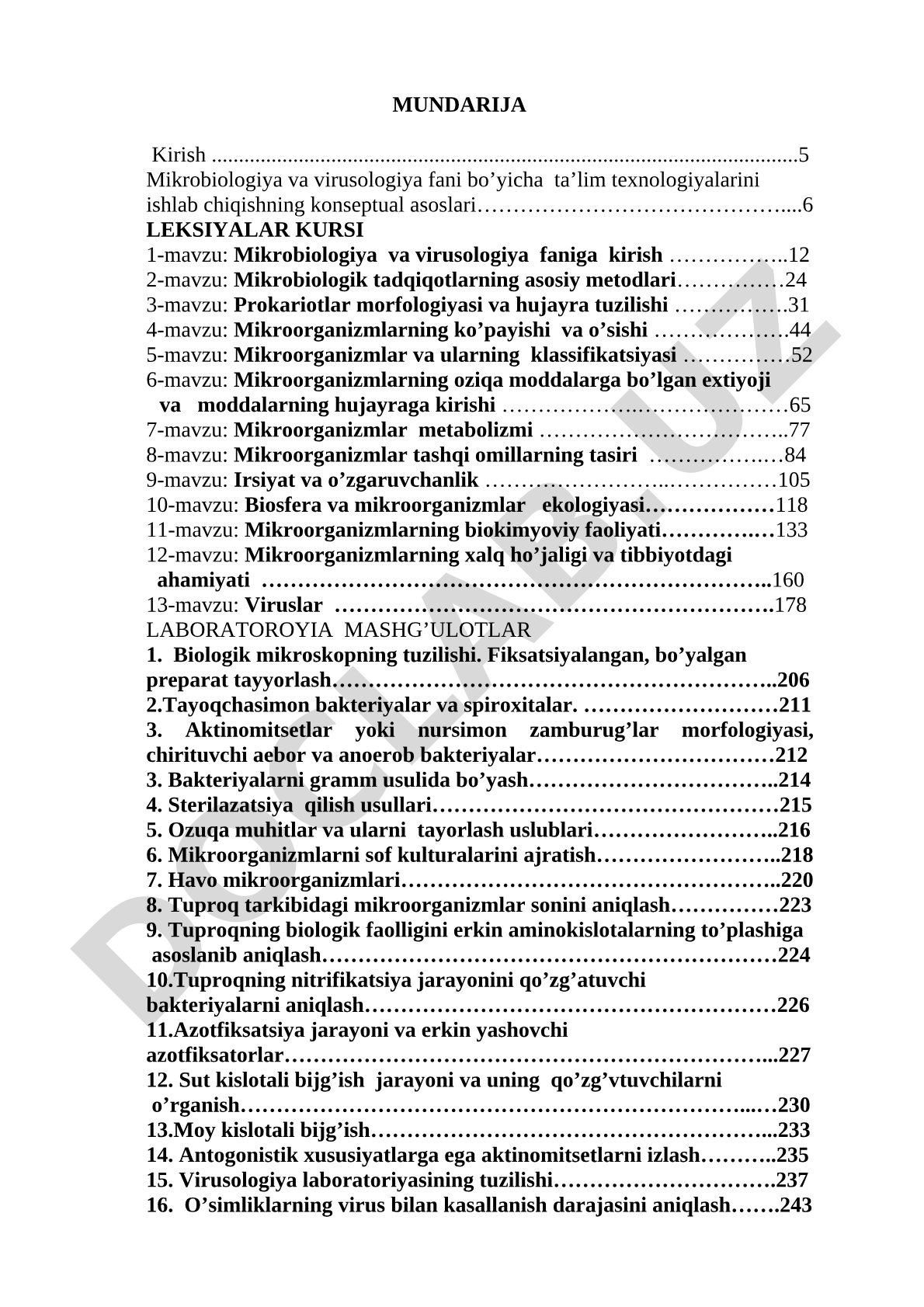 Mikrobiologiya va virusologiya fanidan ma'ruzalar va laboratoriya mashg'ulotlari