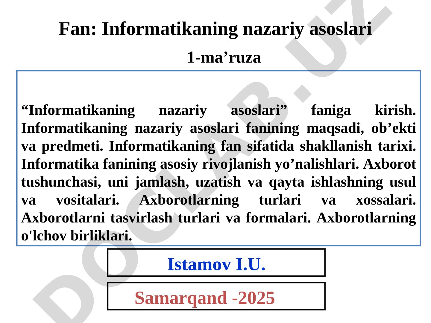 Informatikaning nazariy asoslari faniga kirish