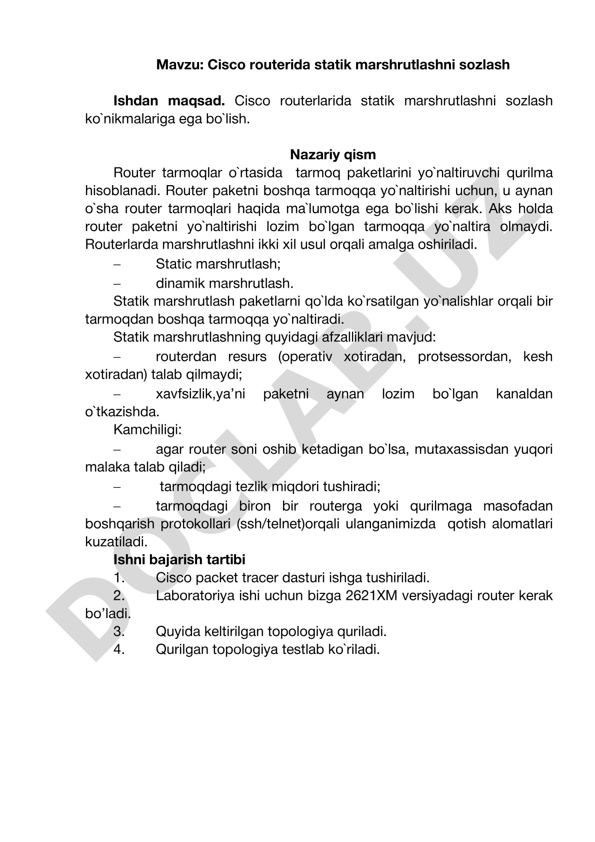 Cisco routerida statik marshrutlashni sozlash