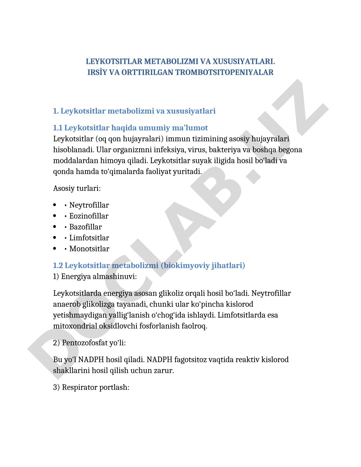 Leykotsitlar metabolizmi va xususiyatlari. Irsiy va orttirilgan trombotsitopeniyalar