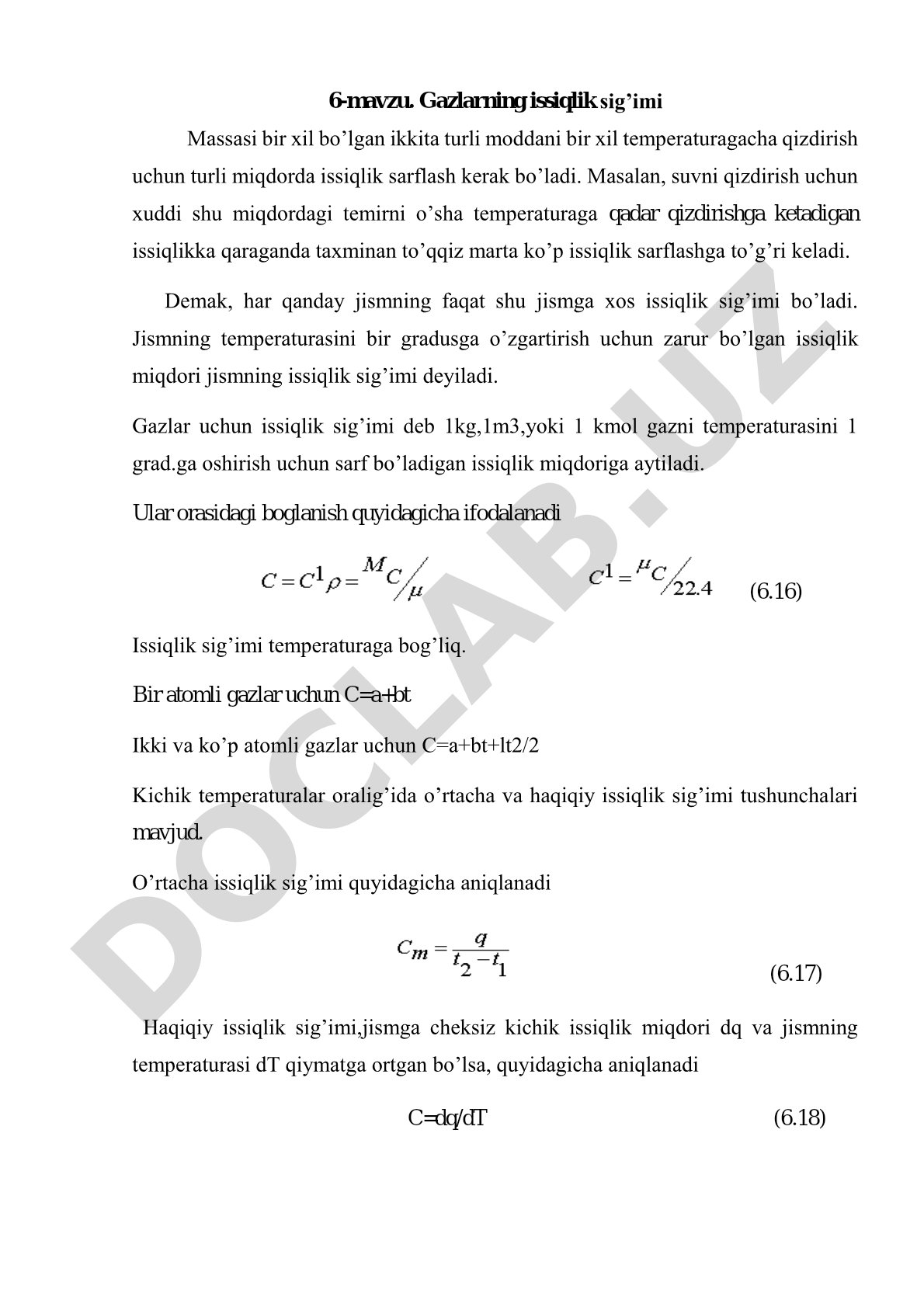 Gazlarning issiqlik sig’imi formulalari va temperaturaga bog‘liqligi haqida