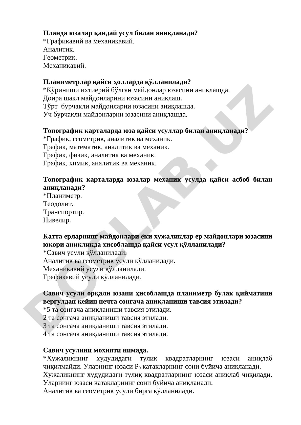 Topografik kartalarda yuzalarni aniqlash usullari
