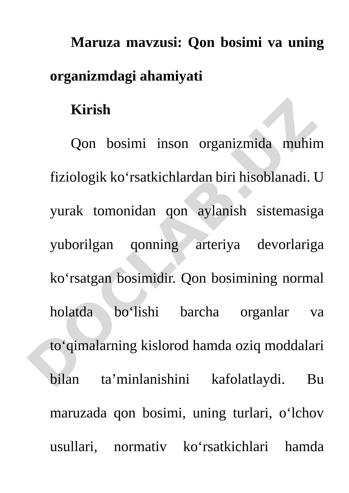 Qon bosimi va uning organizmdagi ahamiyati