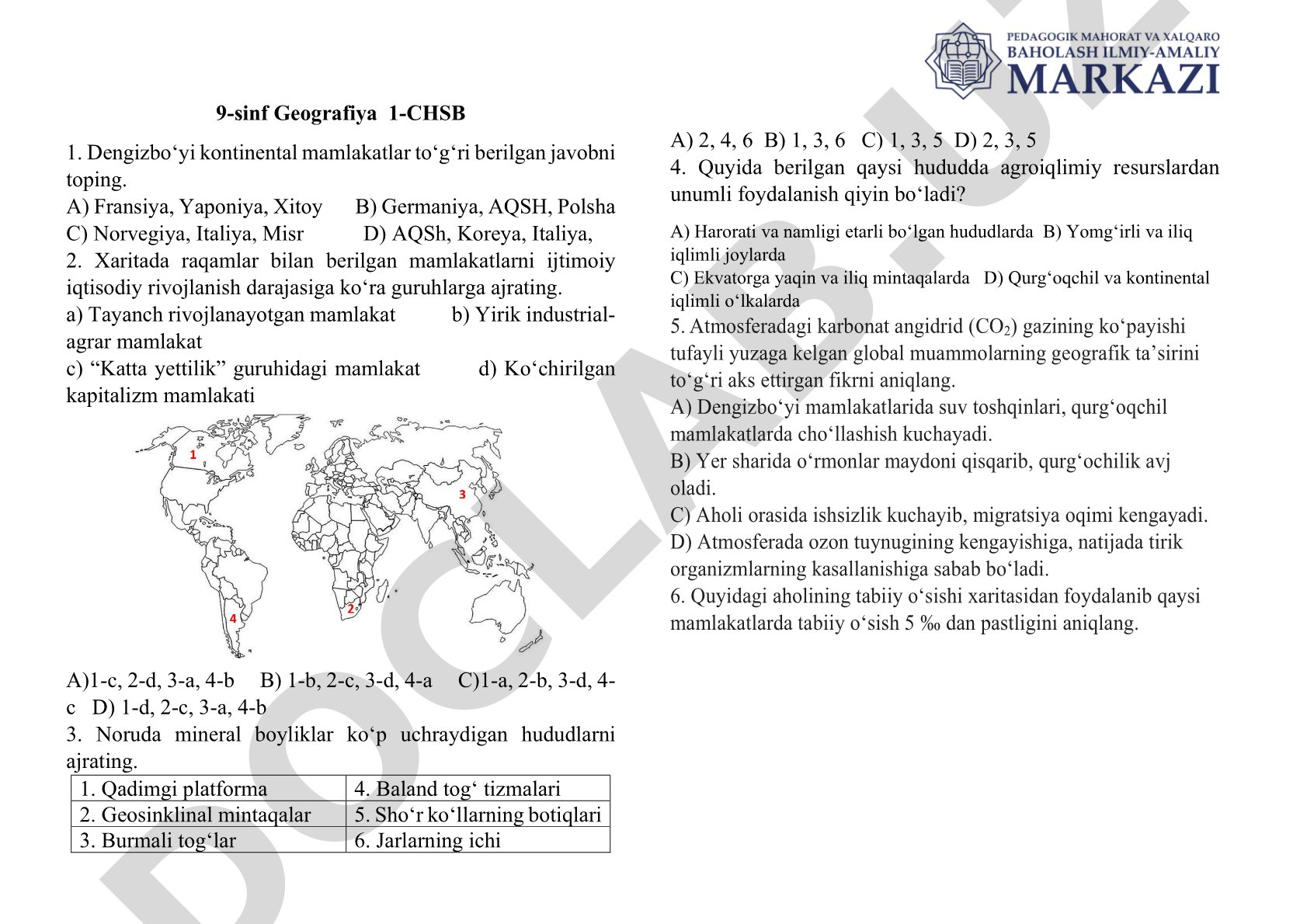 9-sinf Geografiya 1-CHSB