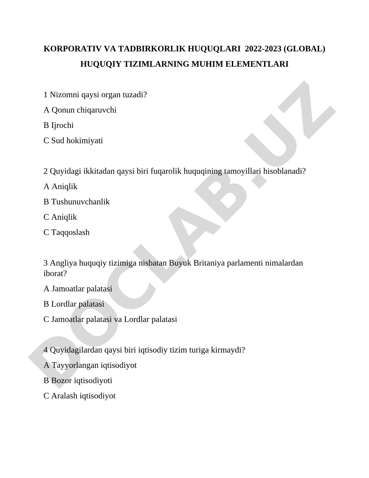 Korporativ va tadbirkorlik huquqlari fanidan test savollari