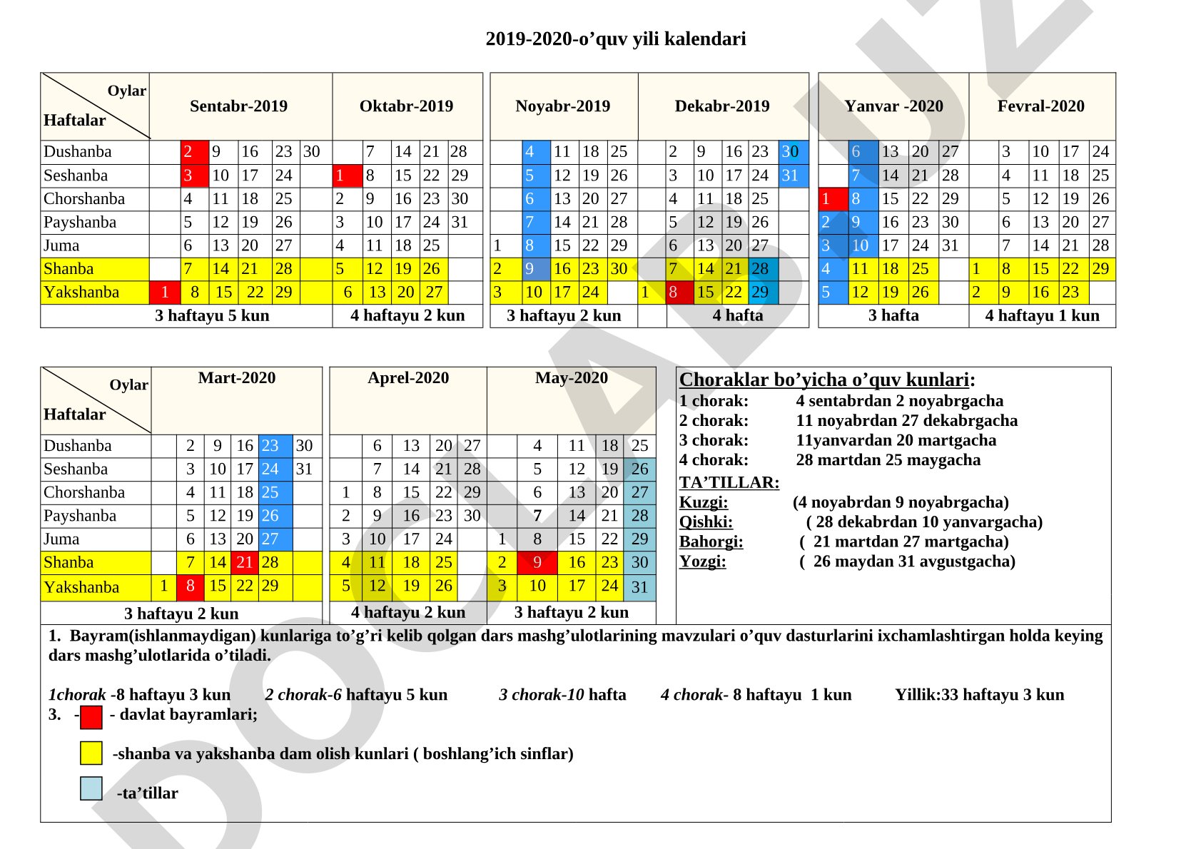 2019-2020 o'quv yili kalendari va ta'til jadvali