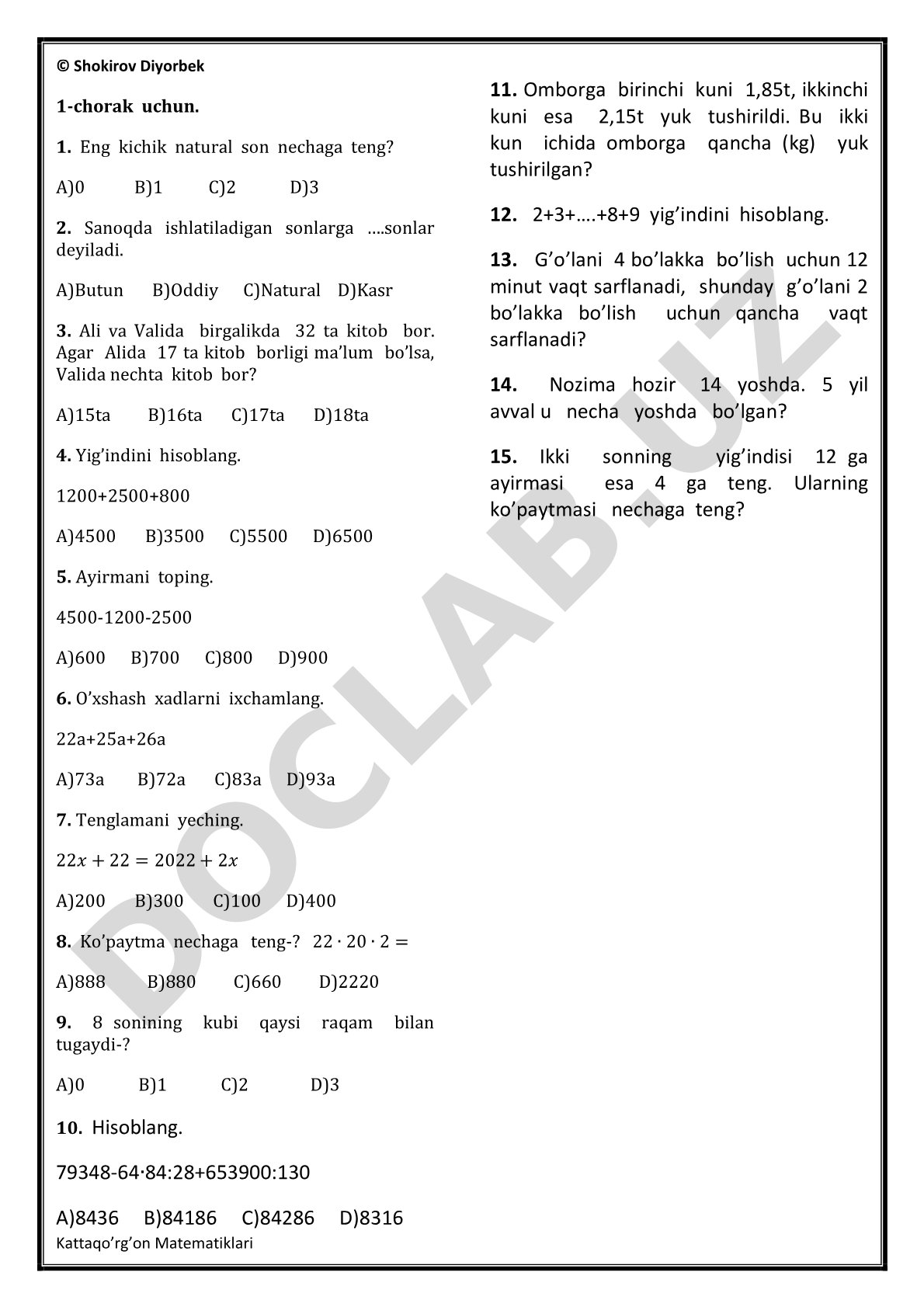 Kattaqo’rg’on Matematiklari 1-chorak uchun