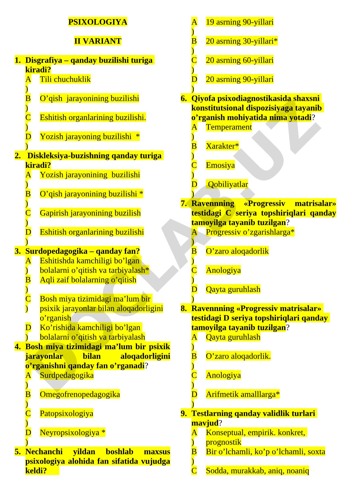 Psixologiyadan test savollari: disgrafiya, disleksiya, maxsus psixologiya