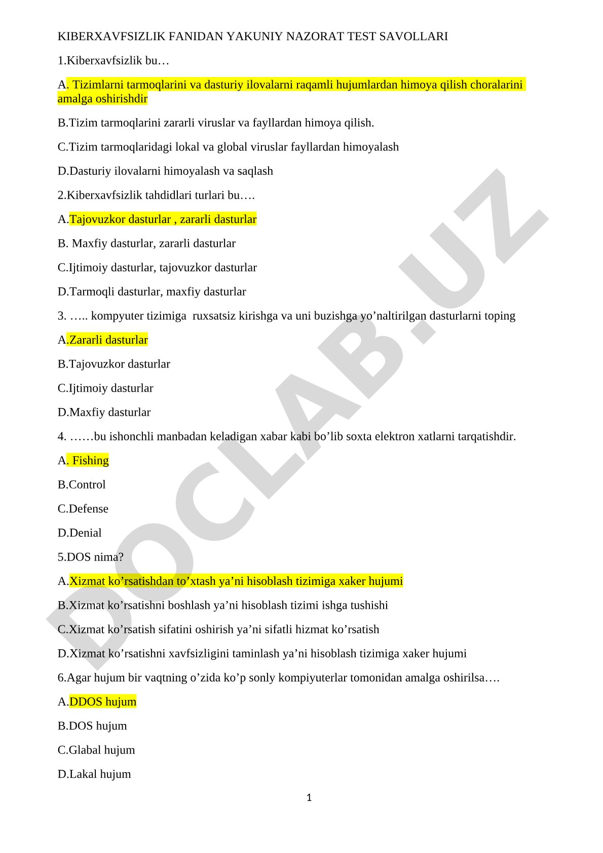 Kiberxavfsizlik fanidan yakuniy nazorat test savollari
