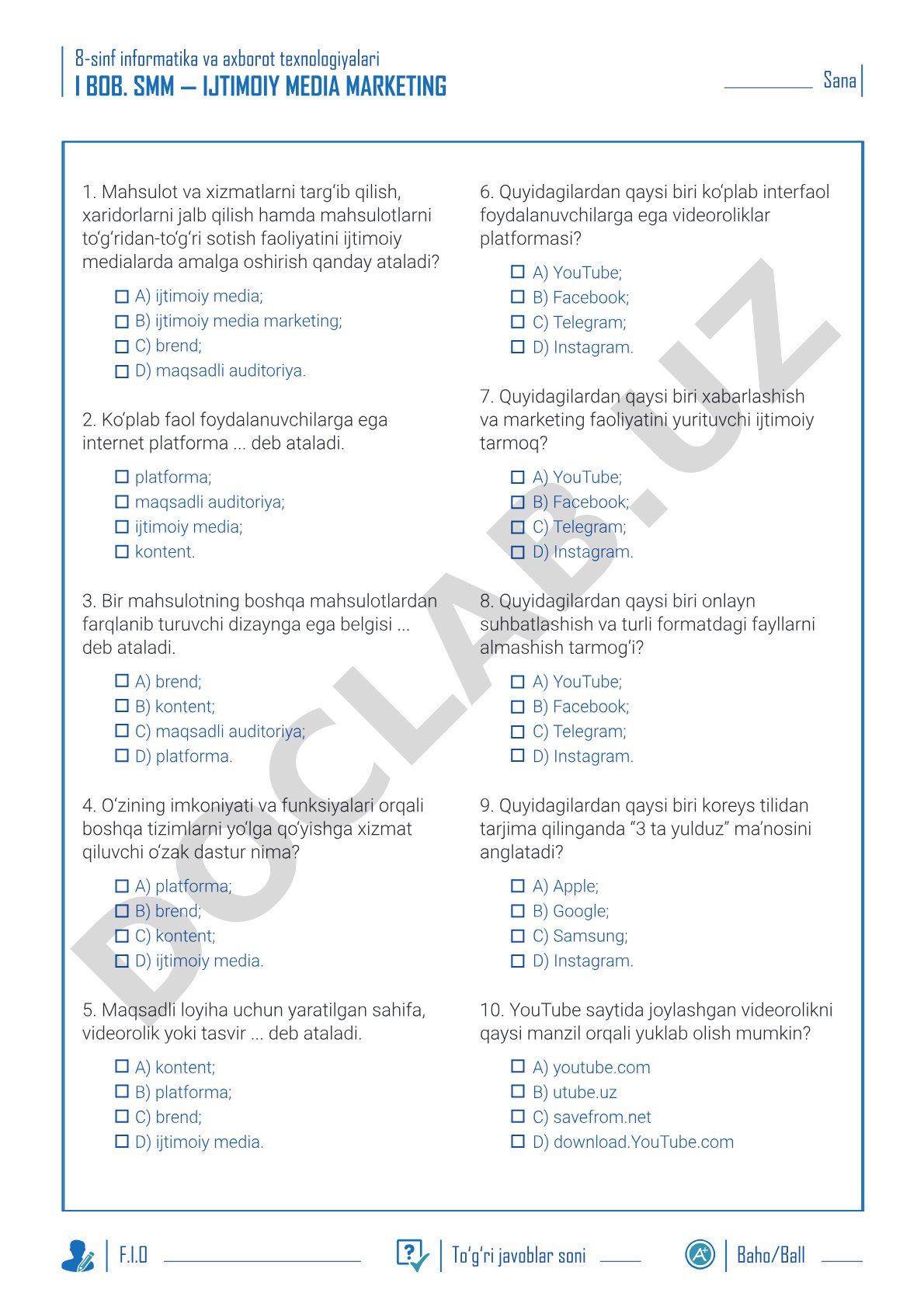 8-sinf ijtimoiy media marketing testi