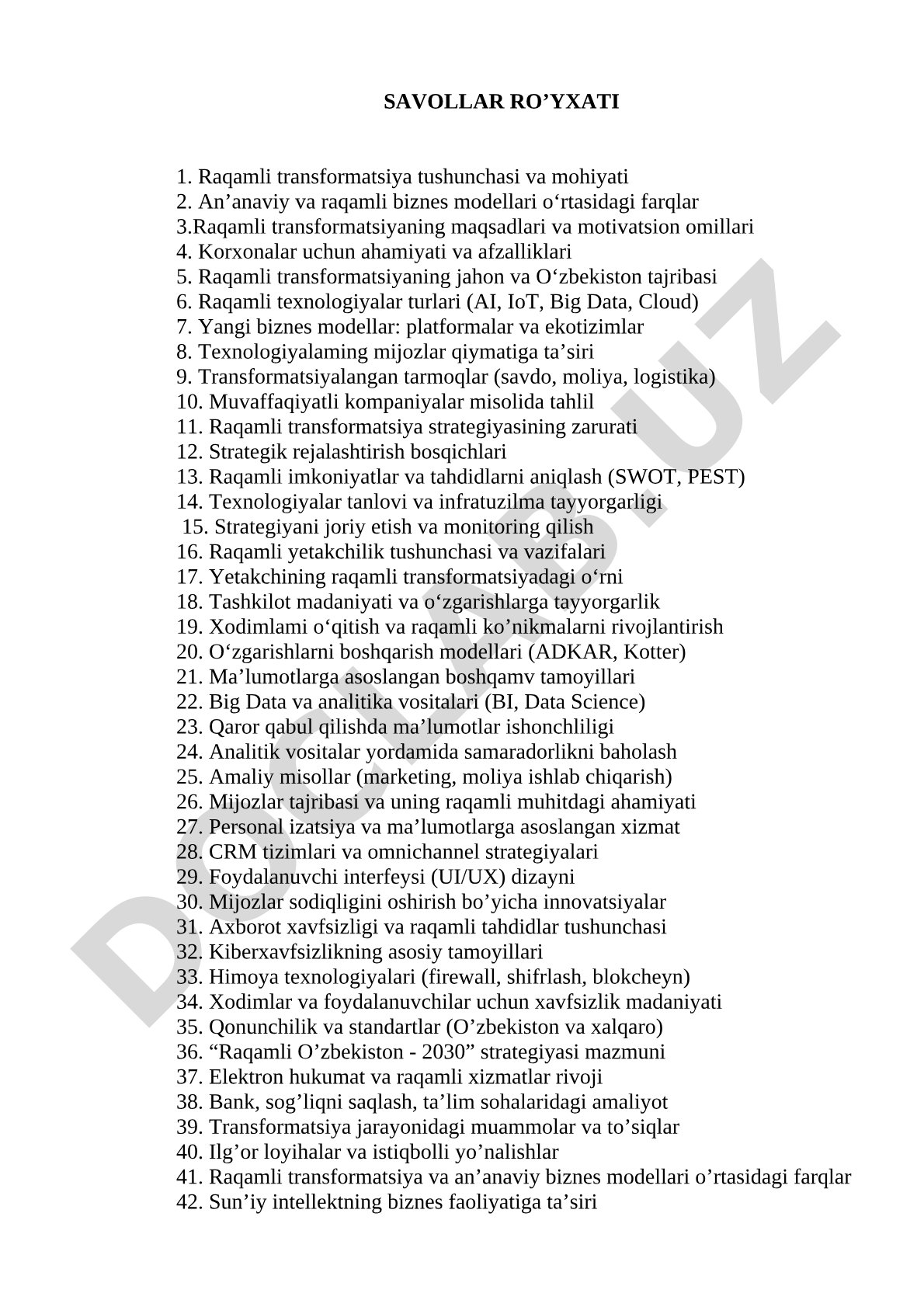 Raqamli transformatsiya bo'yicha savollar ro'yxati