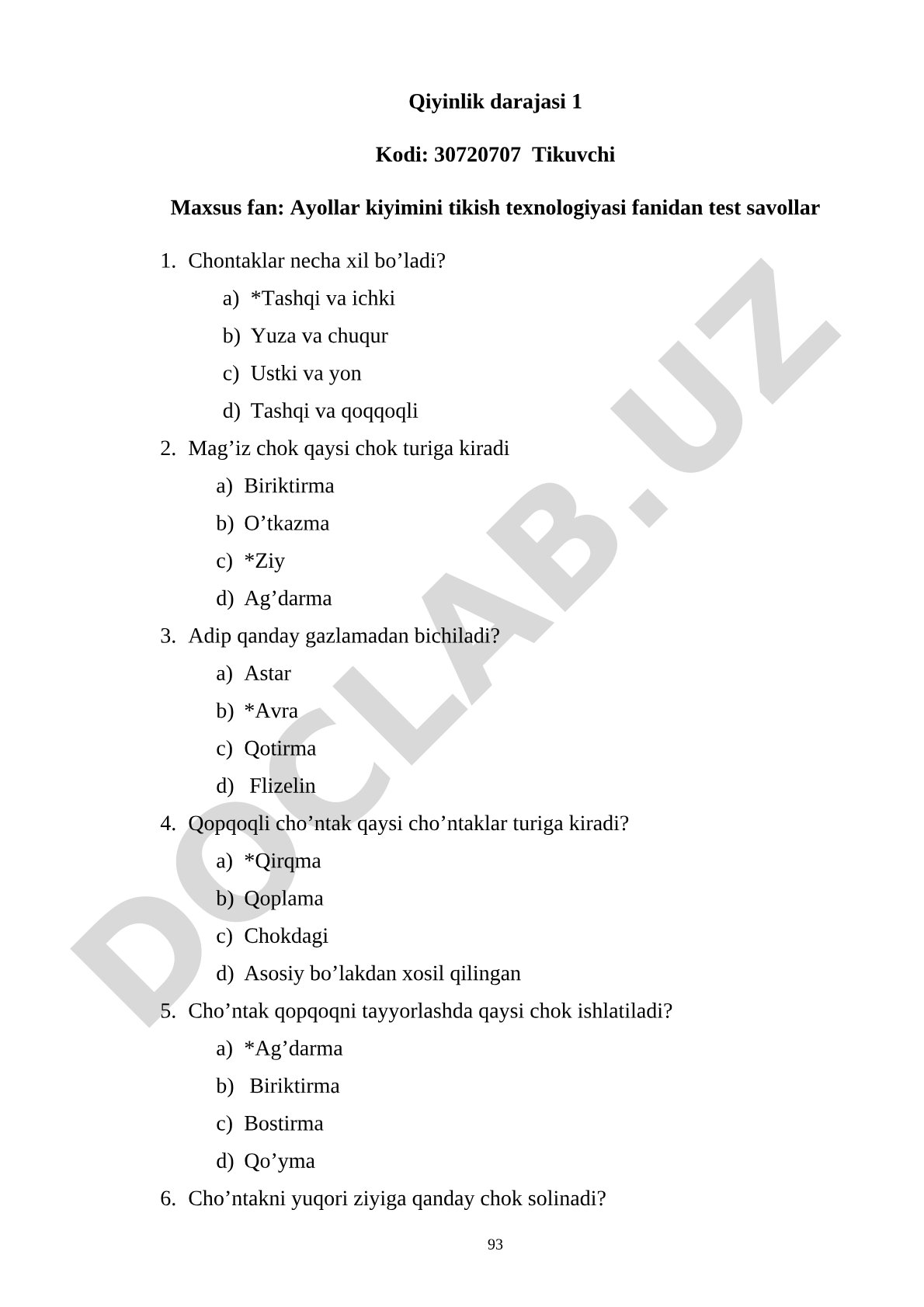 Ayollar kiyimini tikish texnologiyasi fanidan test savollari