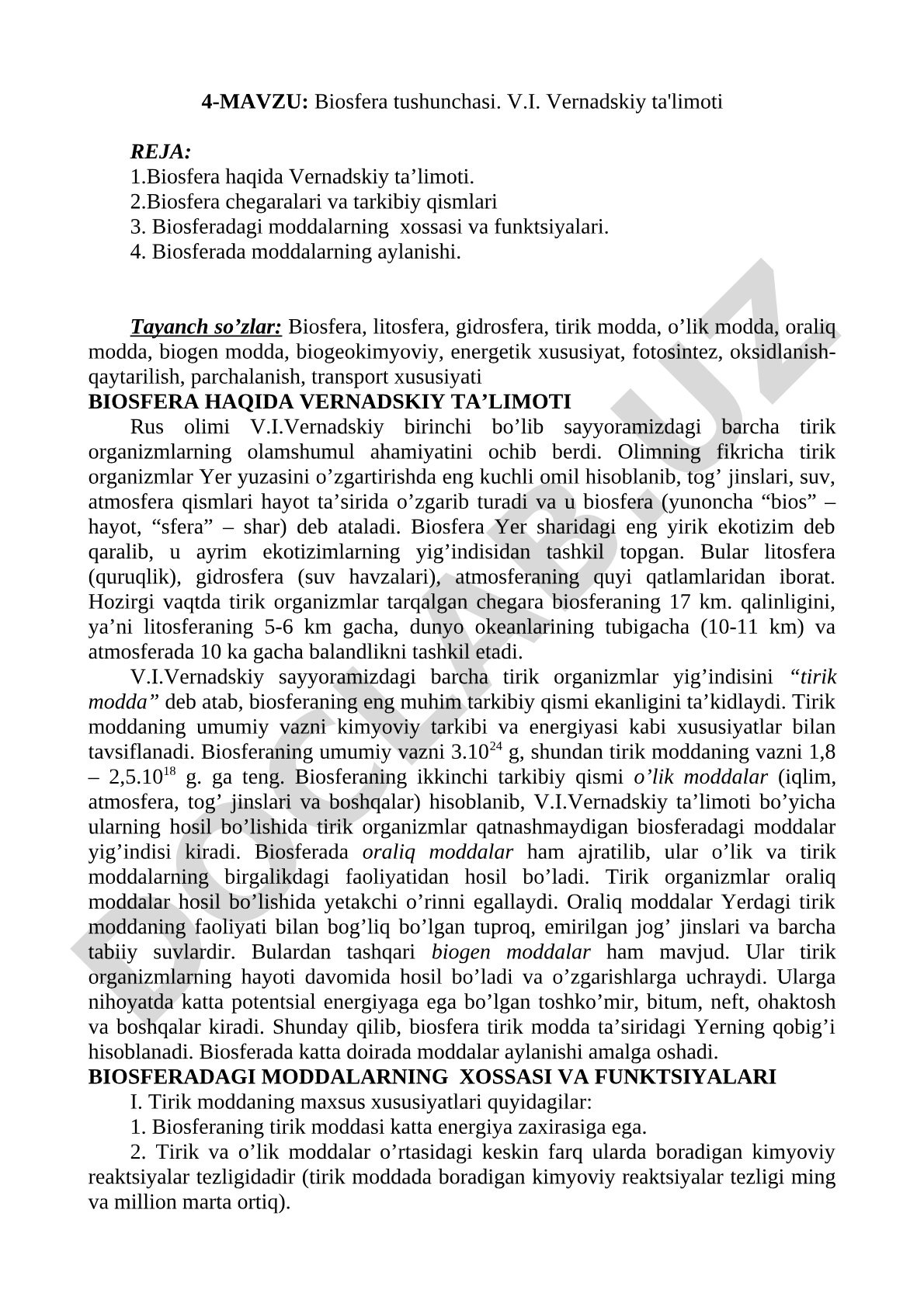 Biosfera tushunchasi. V.I. Vernadskiy ta'limoti