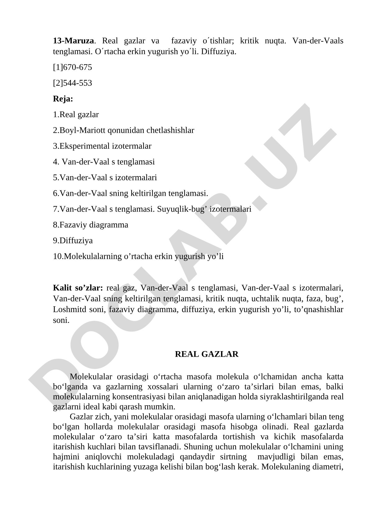 Real gazlar va fazaviy o'tishlar; kritik nuqta