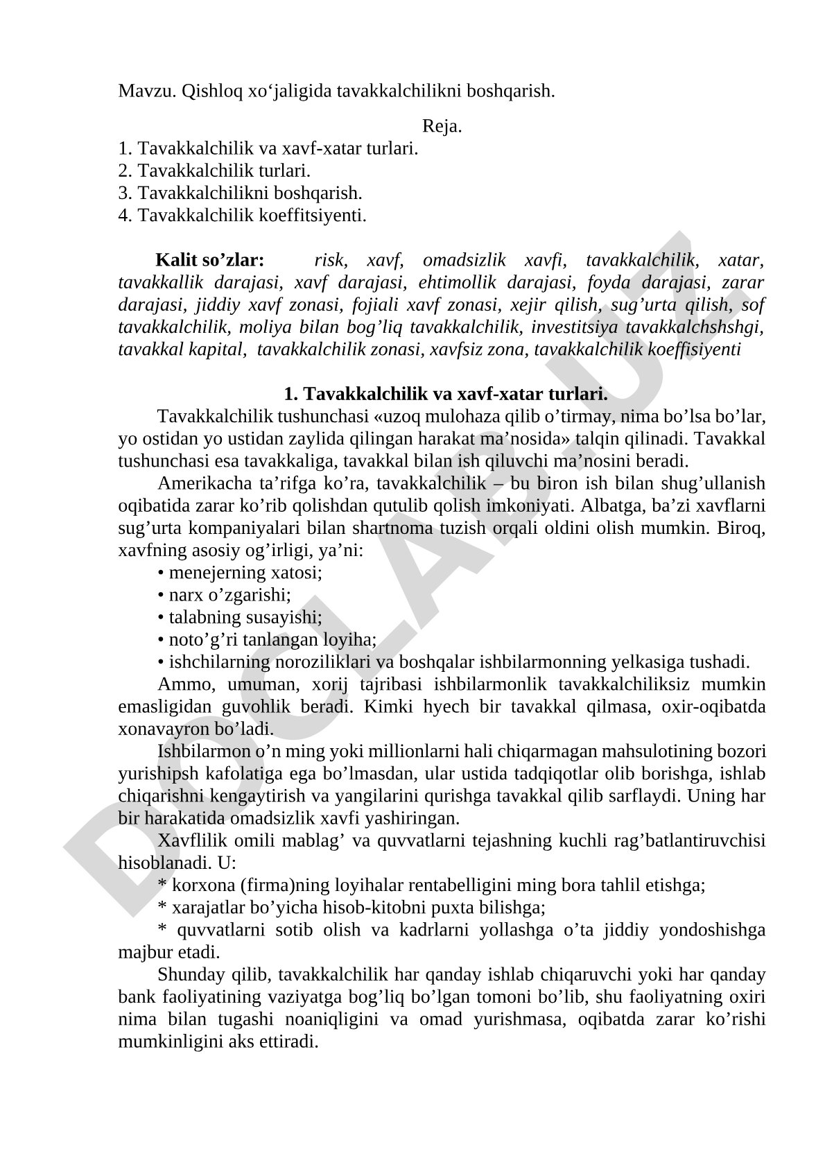 Qishloq xo‘jaligida tavakkalchilikni boshqarish