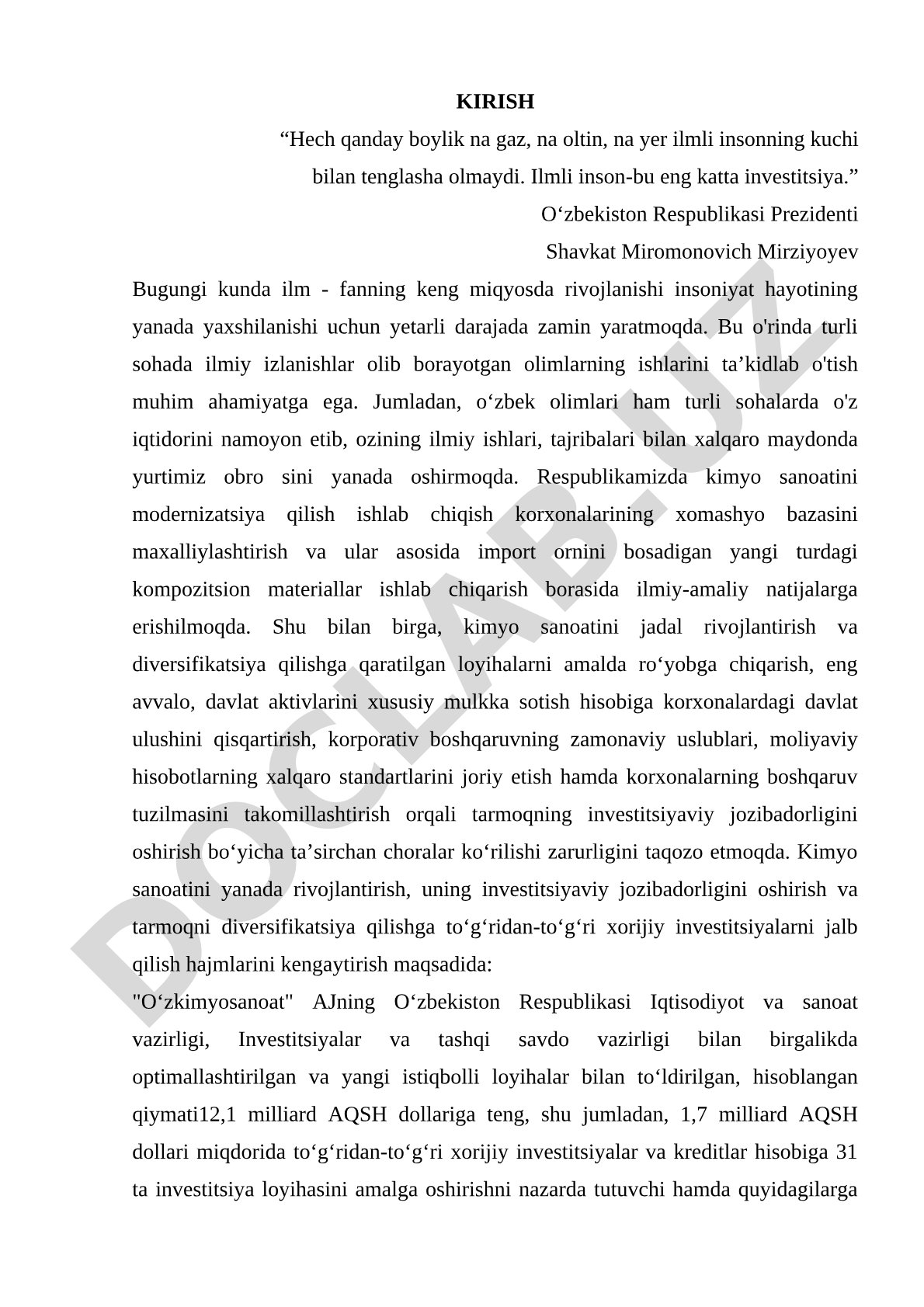 Kimyo sanoatini modernizatsiya qilish va import o'rnini bosuvchi kompozitsion materiallar