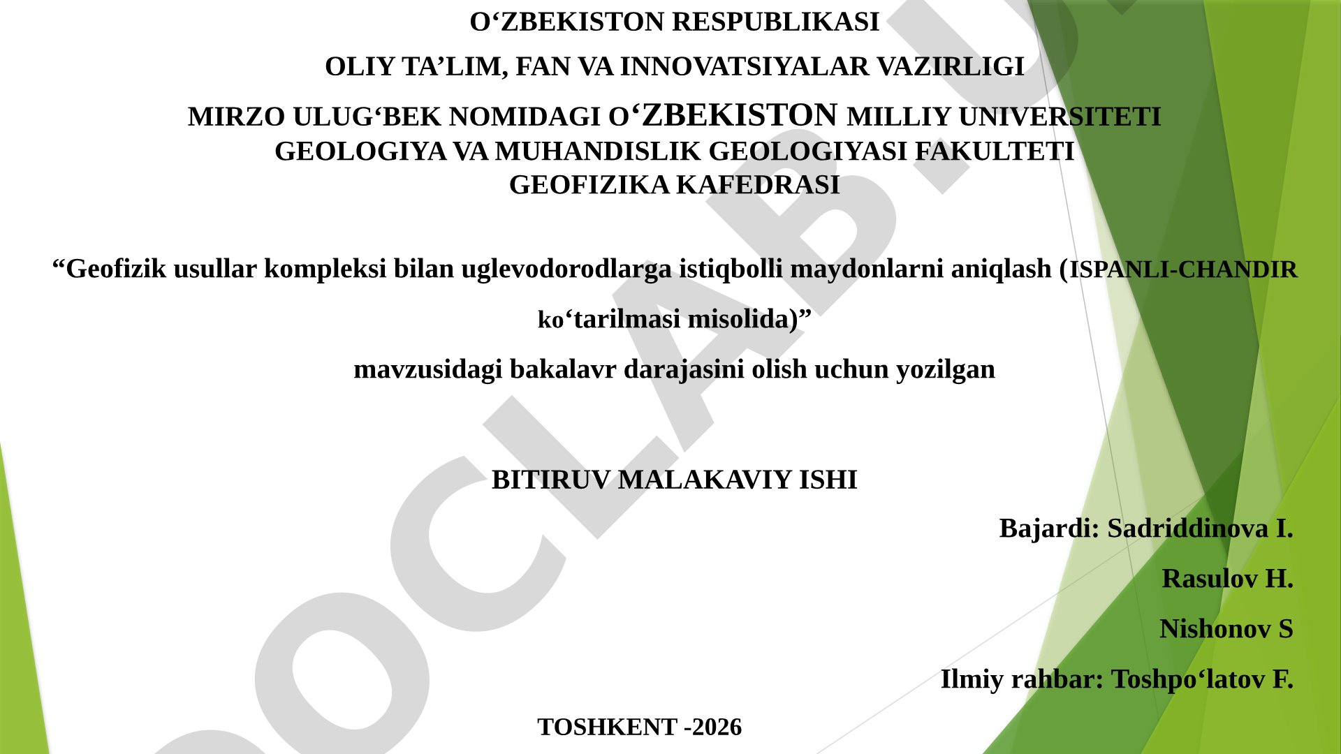 Geofizik usullar kompleksi bilan uglevodorodlarga istiqbolli maydonlarni aniqlash (ISPANLI-CHANDIR ko'tarilmasi misolida)