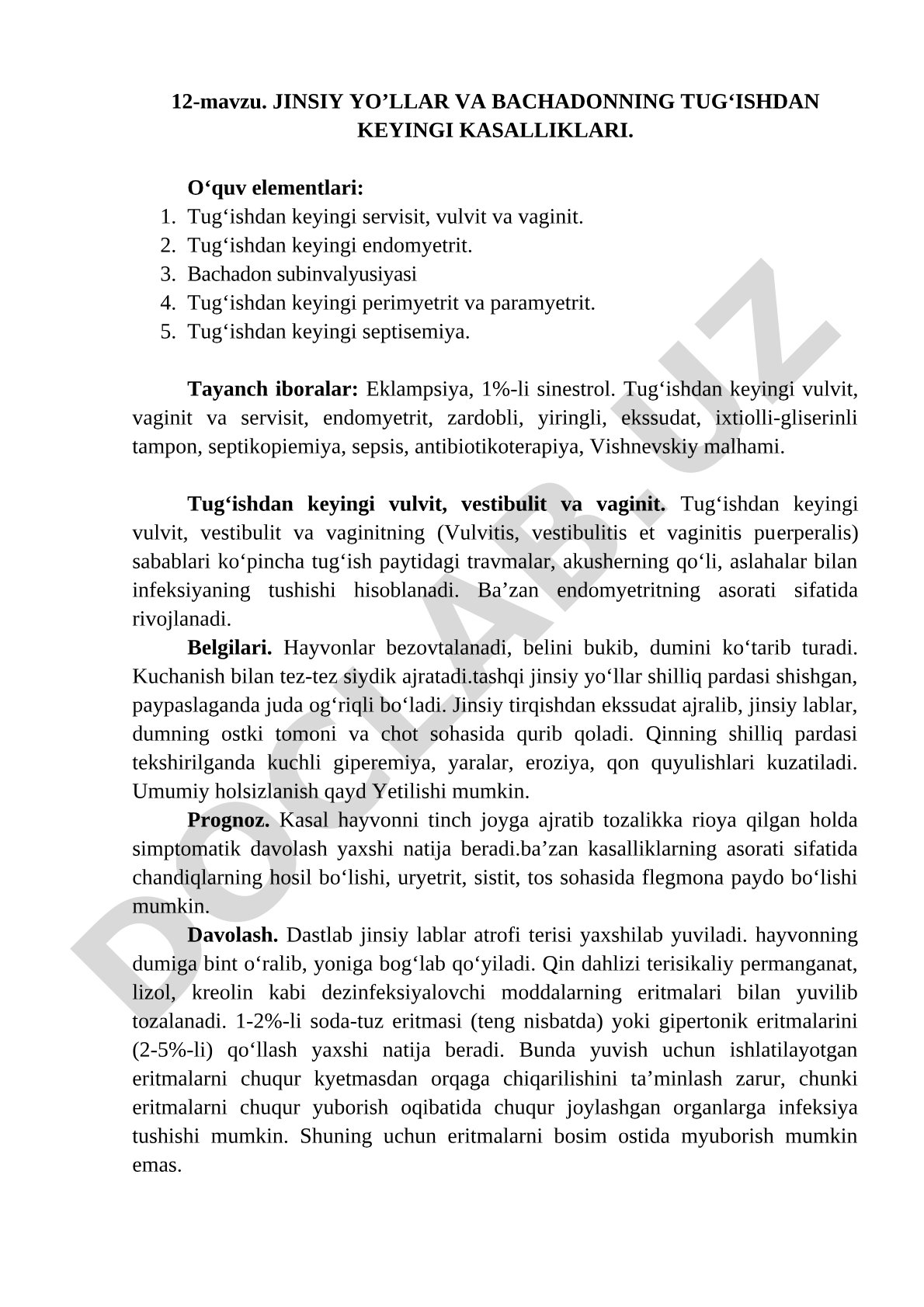JINSIY YO’LLAR VA BACHADONNING TUG‘ISHDAN KEYINGI KASALLIKLARI