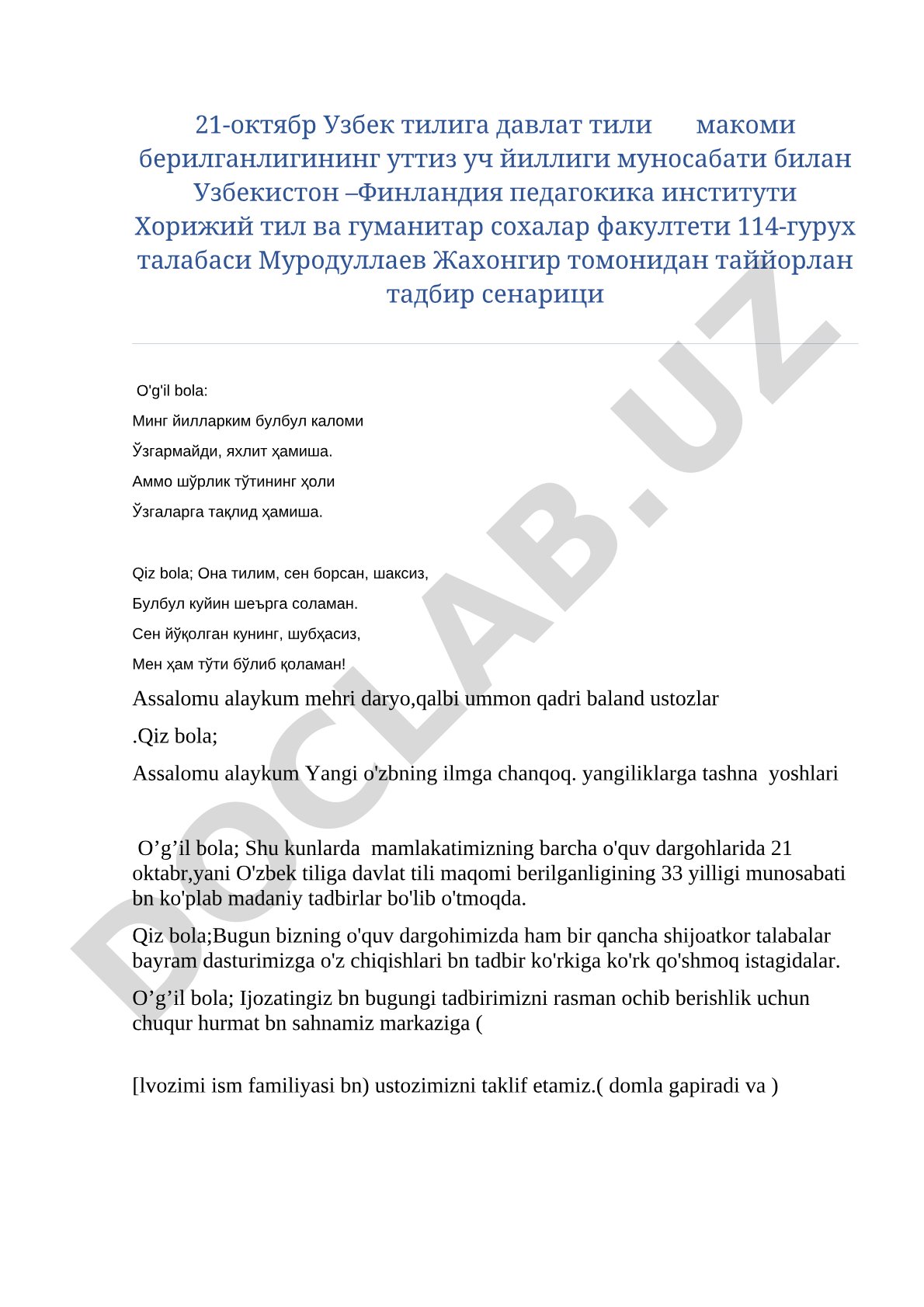 O'zbek tiliga davlat tili maqomi berilganligining o'ttiz uch yilligi