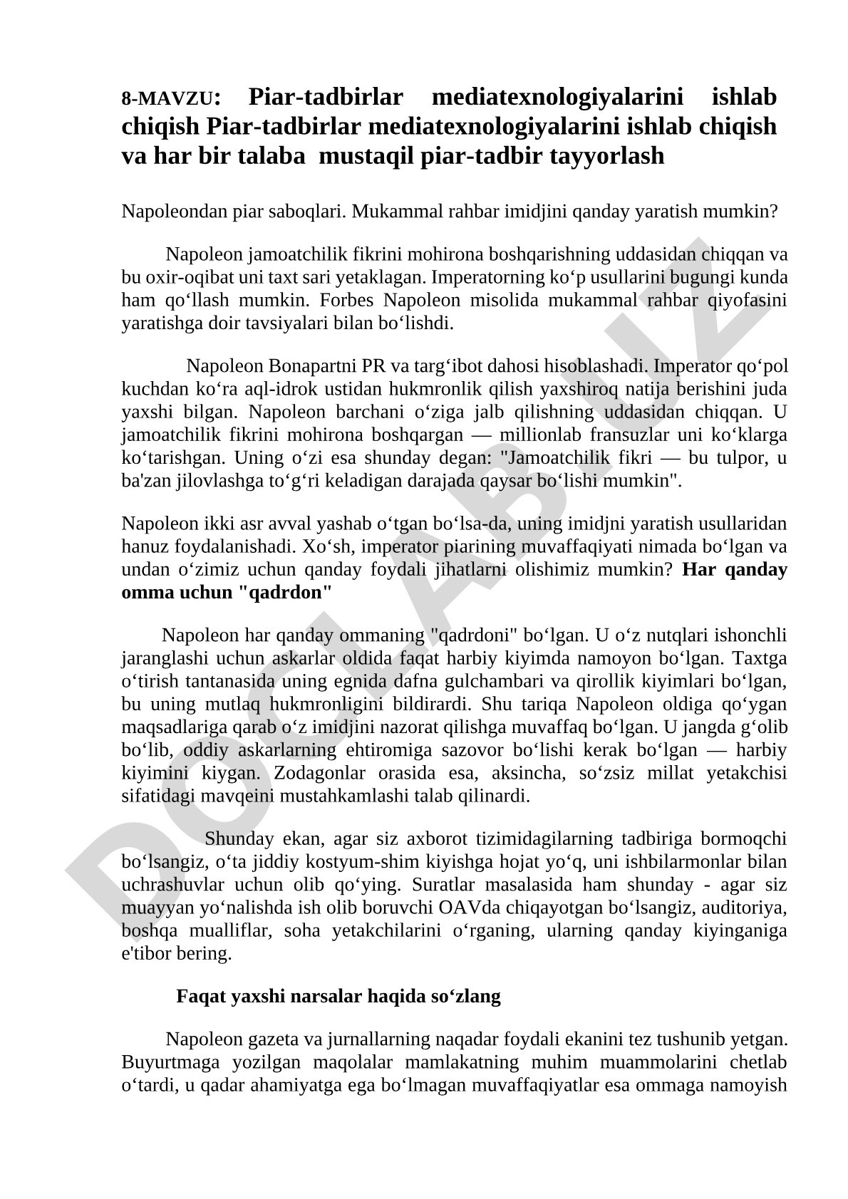 Piar-tadbirlar mediatexnologiyalarini ishlab chiqish