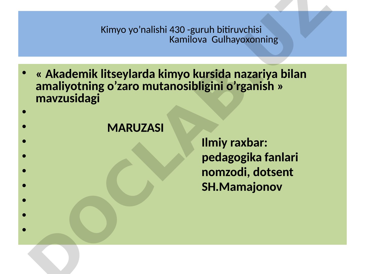 Akademik litseylarda kimyo kursida nazariya bilan amaliyotning o’zaro mutanosibligini o’rganish