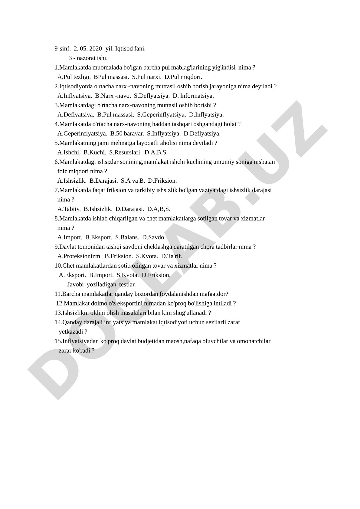 Iqtisod fanidan 9-sinf test: pul massasi, inflyatsiya, ishsizlik, eksport