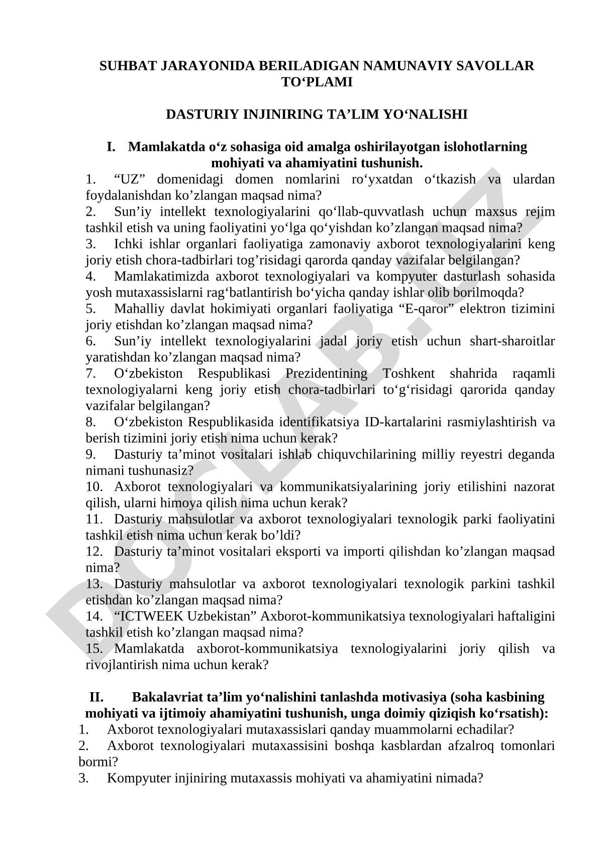 Dasturiy injiniring ta’lim yo‘nalishi bo‘yicha suhbat savollari