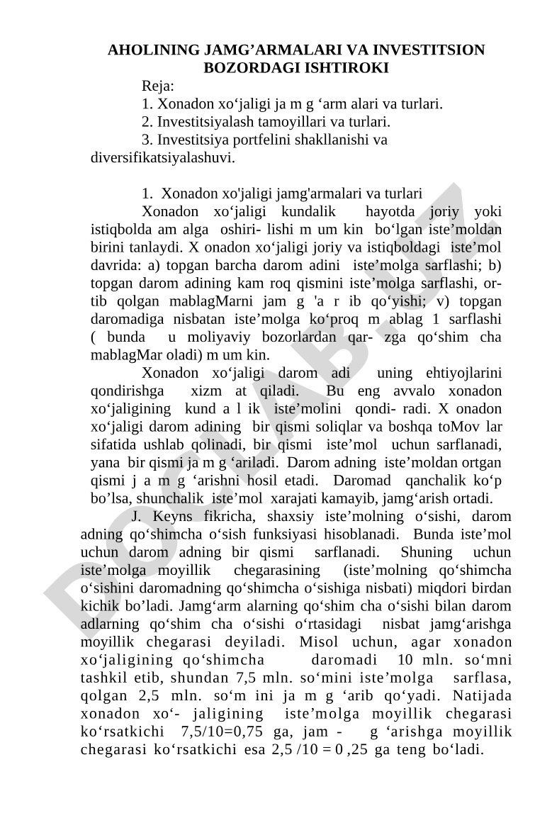 Aholining jamg’armalari va investitsion bozordagi ishtiroki