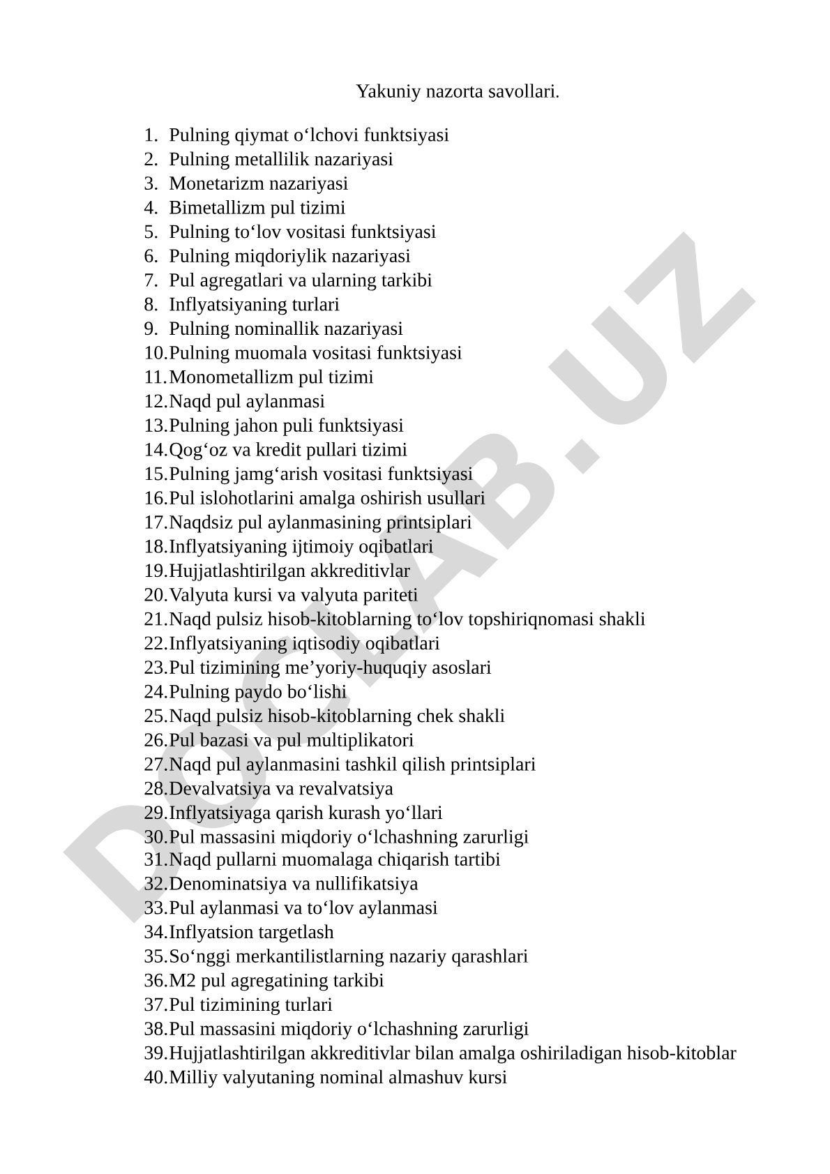 Yakuniy nazorat uchun pul va pul muomalasiga oid savollar