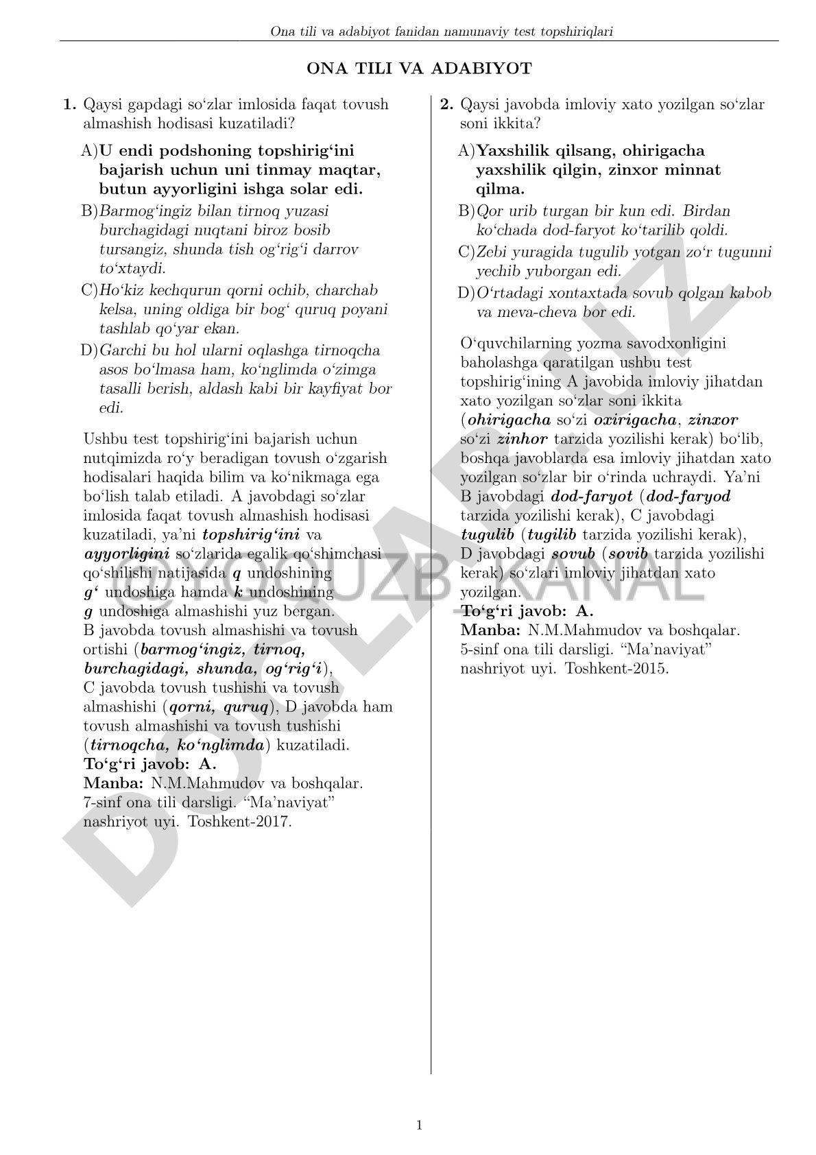 Ona tili va adabiyot fanidan namunaviy test topshiriqlari