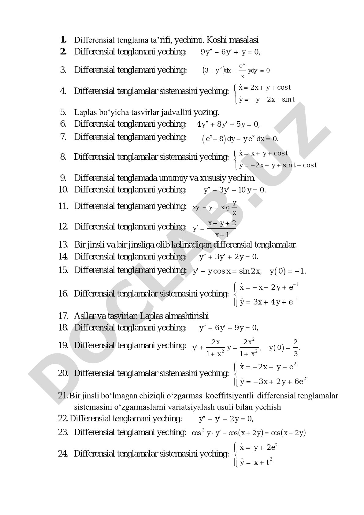 Differensial tenglamalar bo'yicha masalalar
